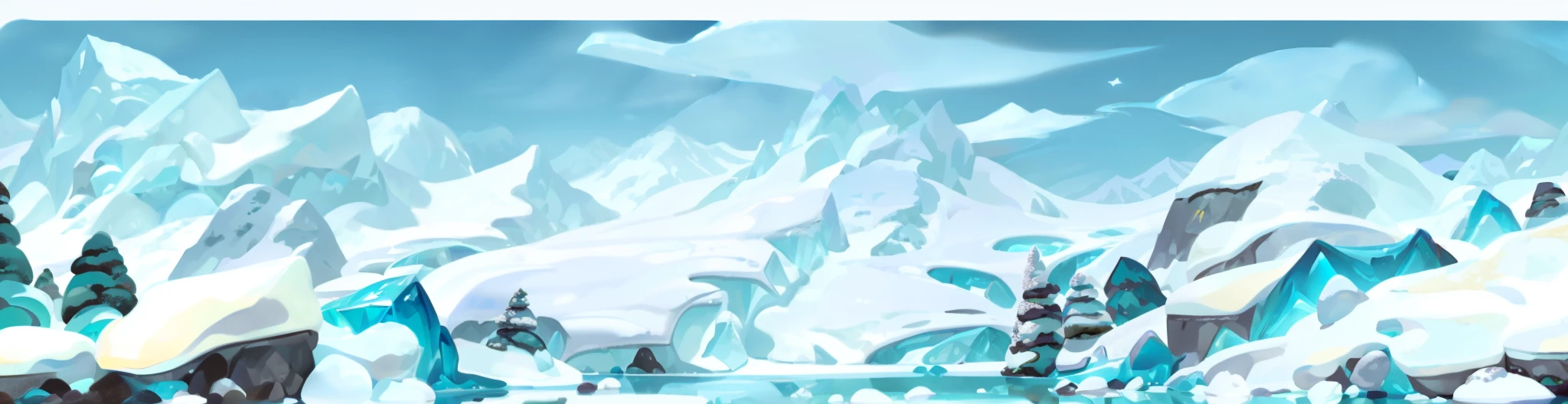 cartoon scene of a snowy mountain with a lake and a frozen forest, icey tundra background, icy mountains, ice mountains in the background, icy mountains in the background, pillars of ice background, ice mountains afar, theme :'icewind dale ', icy landscape, brittney lee, with a snowy mountain and ice, mountains made out of icebergs, snowy plains