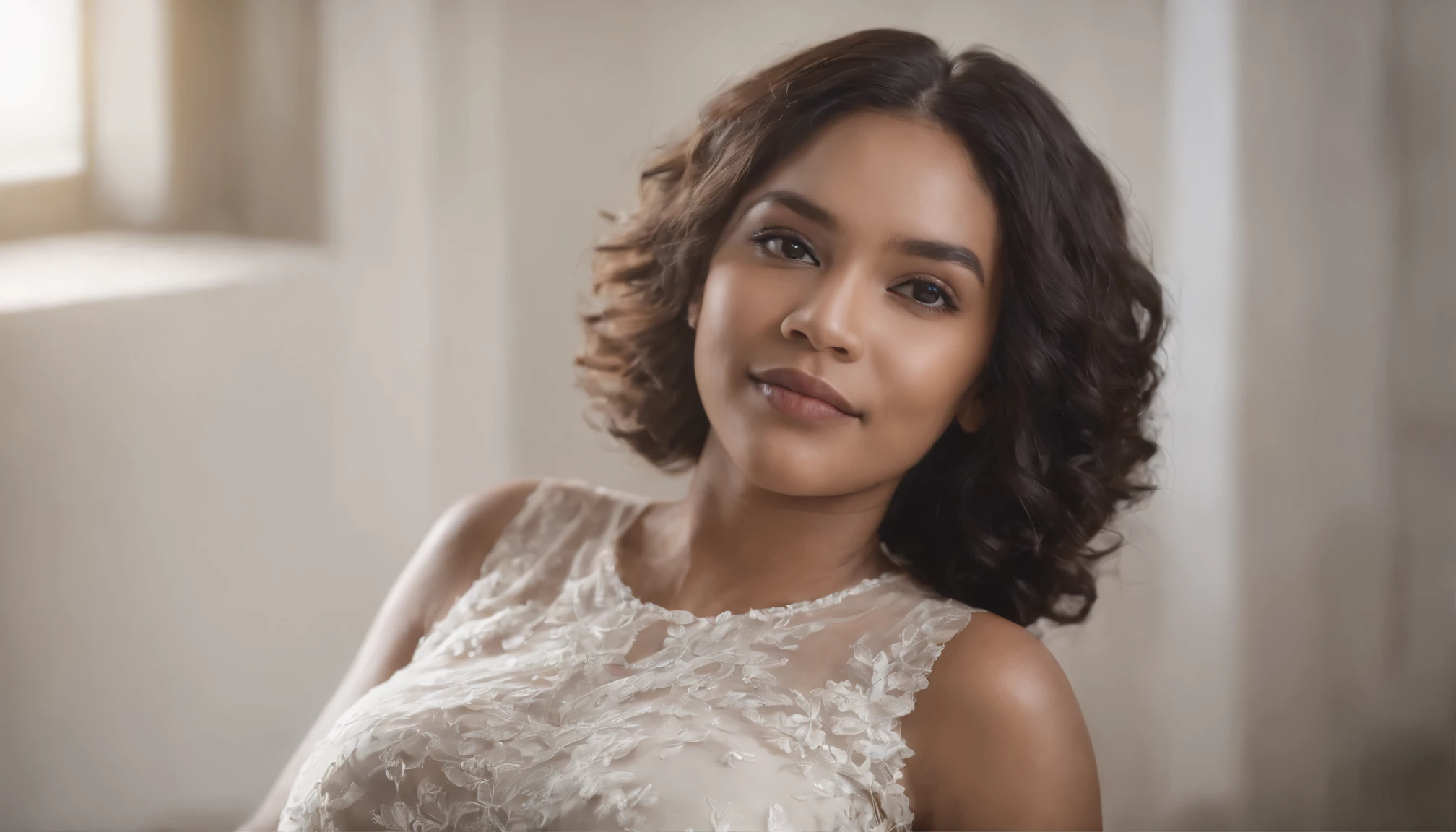 Sony a7ii, wide frame, Papuan woman, Pregnant, black skin, curly hair, short hair, beauti face, lie down, wearing transparent dress, photo studio, maternity photoshoot,warm light, smile.