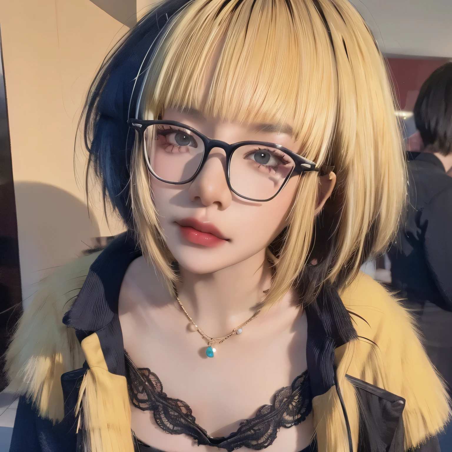 Fubuki\,1 woman,chest,Fubuki \(One Punch Man\),decorate,alone,necklace,rift,fur coat,set,pearl necklace,short hair highlights,Golden blonde hair highlights,((smooth)),black eyes,glasses,กรอบแว่นblack eyes,smooth,lip makeup,lips,lipstick,coat,blunt smooth,black set,long-sleeved shirt,jacket,best quality,Masterpiece,illustration,Very delicate and beautiful,CG,unity,8K wallpaper,miracle,exquisite details,Masterpiece,official art,very detailed CG unity 8K wallpaper,Incredibly nonsense..,Big file size,very detailed,height,very detailed,,realistic,,stand straight