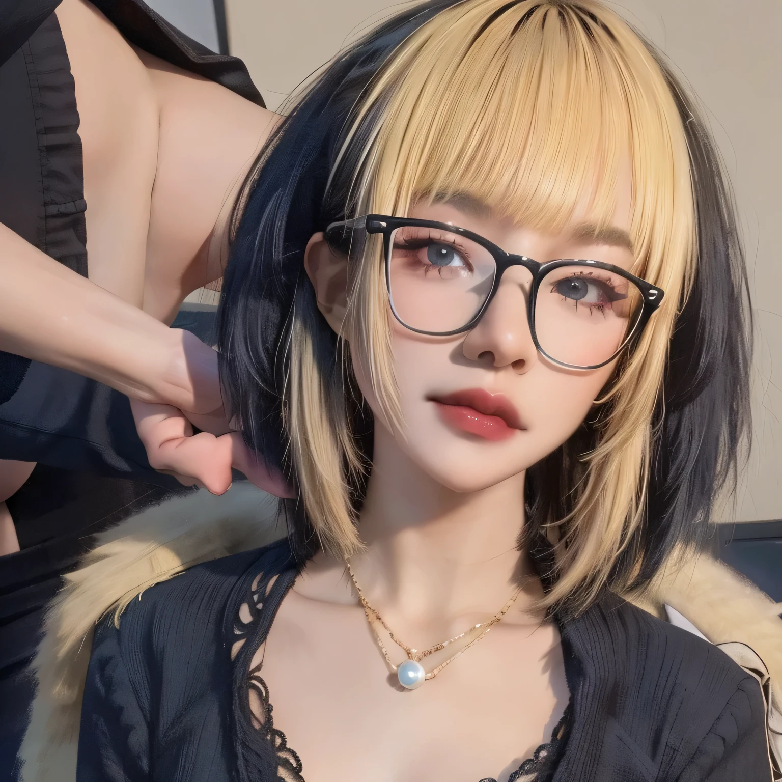 Fubuki\,1 woman,chest,Fubuki \(One Punch Man\),decorate,alone,necklace,rift,fur coat,set,pearl necklace,short hair highlights,Golden blonde hair highlights,((smooth)),black eyes,glasses,กรอบแว่นblack eyes,smooth,lip makeup,lips,lipstick,coat,blunt smooth,black set,long-sleeved shirt,jacket,best quality,Masterpiece,illustration,Very delicate and beautiful,CG,unity,8K wallpaper,miracle,exquisite details,Masterpiece,official art,very detailed CG unity 8K wallpaper,Incredibly nonsense..,Big file size,very detailed,height,very detailed,,realistic,,