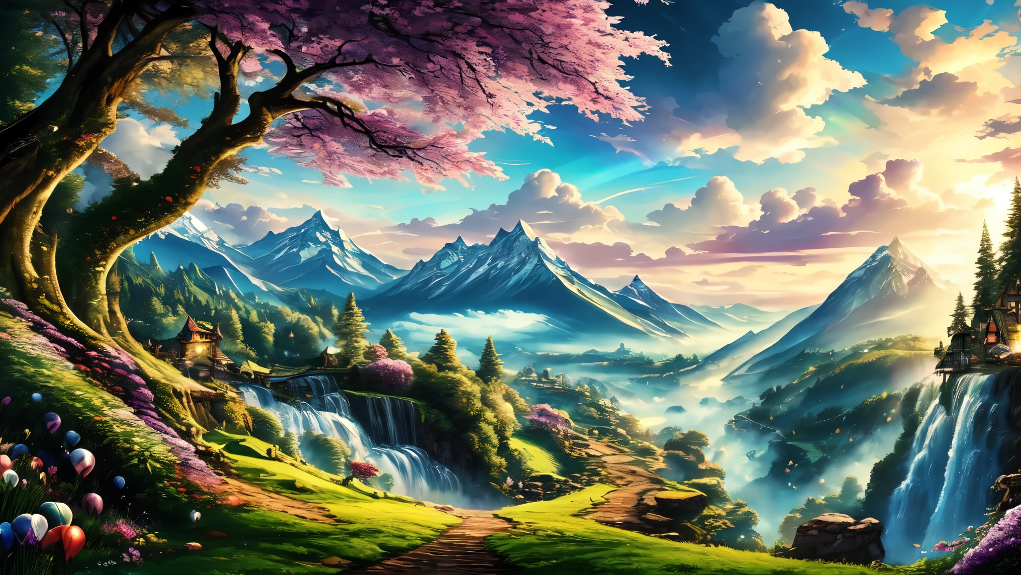 bright, ((cartoon style)), a background of blue sky with curly fairy-tale clouds, a rainbow behind the mountains, in the middle there is only the sky with clouds, mountains on the left, snowy mountains in the distance, fairy-tale houses on the edges, a rainbow on the right, several balloons of a beautiful fairy-tale shape, multi-colored, a beautiful fairy-tale waterfall, fairy-tale trees on the sides , with fabulous hollows, fabulous fruits, flowers, vines on the trees, fantasy art, masterpiece, detailed, 4k