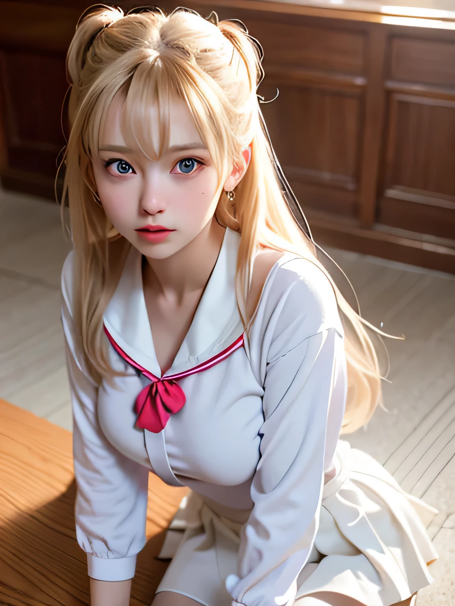 girl、Authentic photo quality、Extraordinary sexy beauty、white, shiny and smooth skin、Beautiful bangs、Smooth and shiny super long natural blonde straight silky hair、Very perfect cute beautiful sexy young littan、Very perfect beautiful and cute face、Beautiful clear big light blue eyes、student clothes、japanese sailor suits、