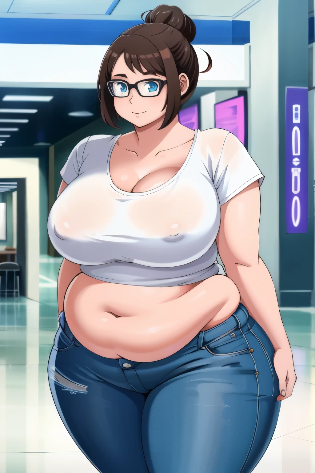 (masterpiece:1.2, best quality:1.2, beautiful:1.1, high quality, 4k:1.1, aesthetic), detailed, extremely detailed, ambient soft lighting, flawless, hires, 1girl, solo, summer clothes, big breasts, plump, thick thighs, arms at sides, brown hair, blue eyes, at the mall, chubby belly. wide hips. anime style.