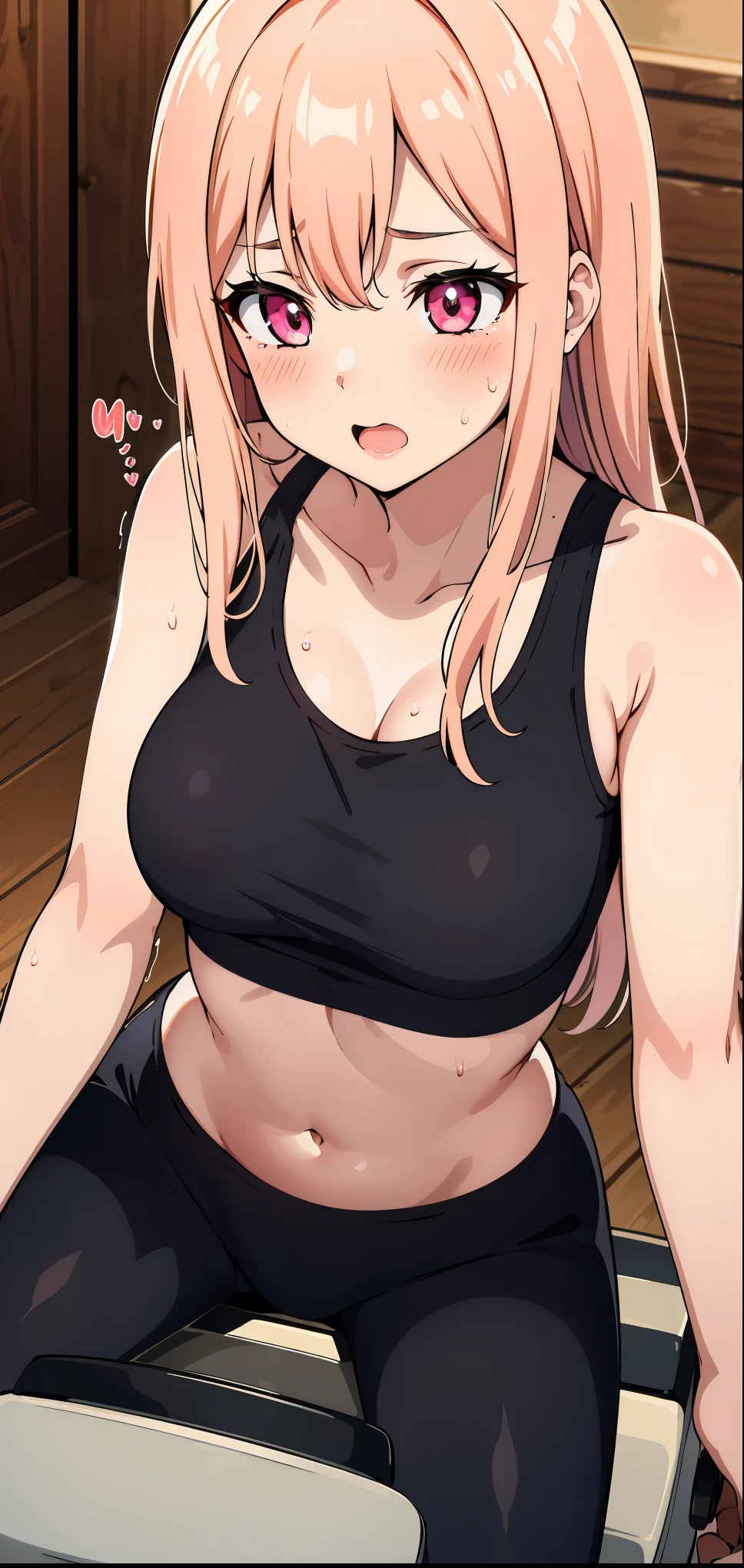 (best quality, 4k, highres, ultra-detailed), riding machine, solo, 1girl, medium breasts, long hair, cropped tank top, healthy skin, ultra-detailed eyes, glowing eyes, blush, breasts, navel, trembling, steaming body