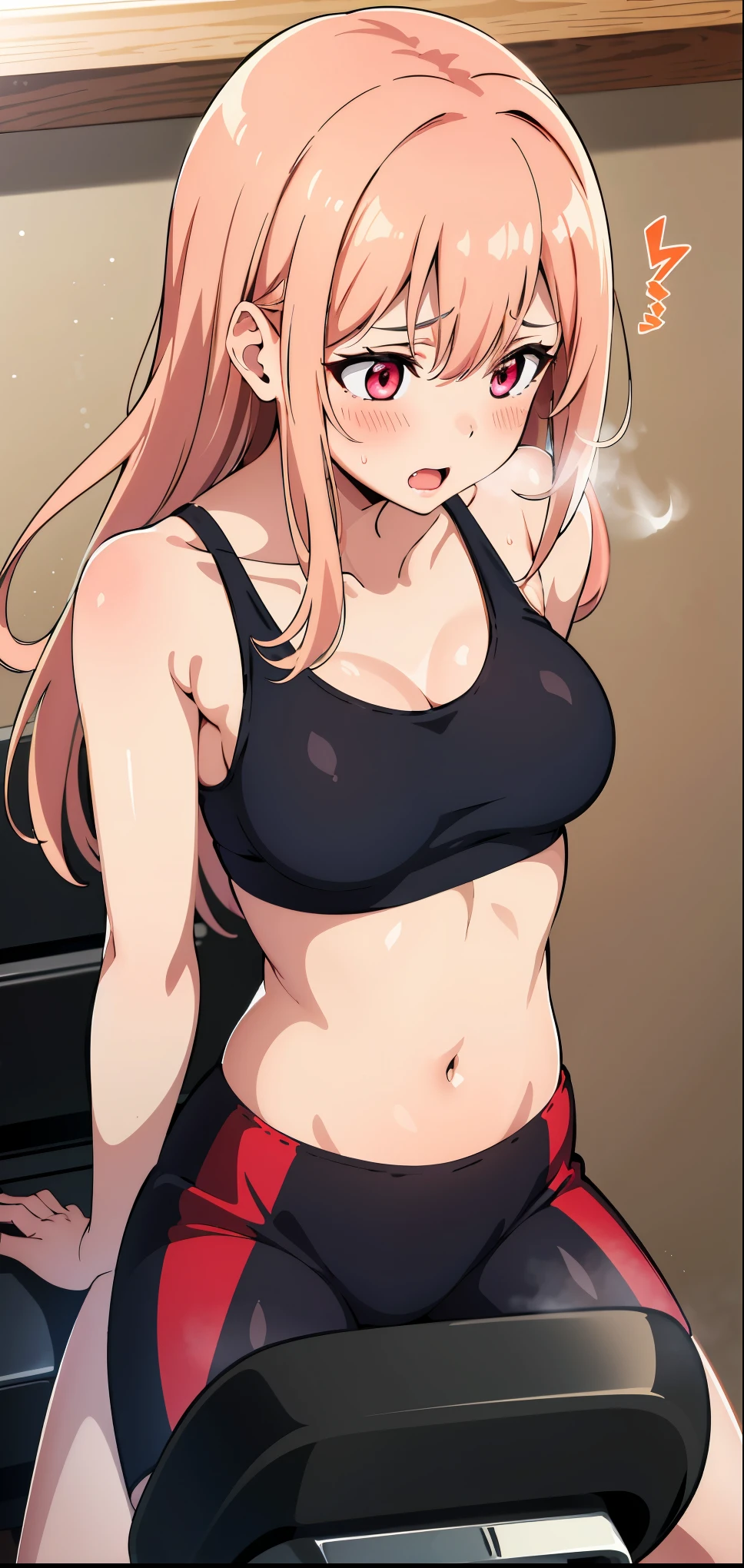 (best quality, 4k, highres, ultra-detailed), riding machine, solo, 1girl, medium breasts, long hair, cropped tank top, healthy skin, ultra-detailed eyes, glowing eyes, blush, breasts, navel, trembling, steaming body