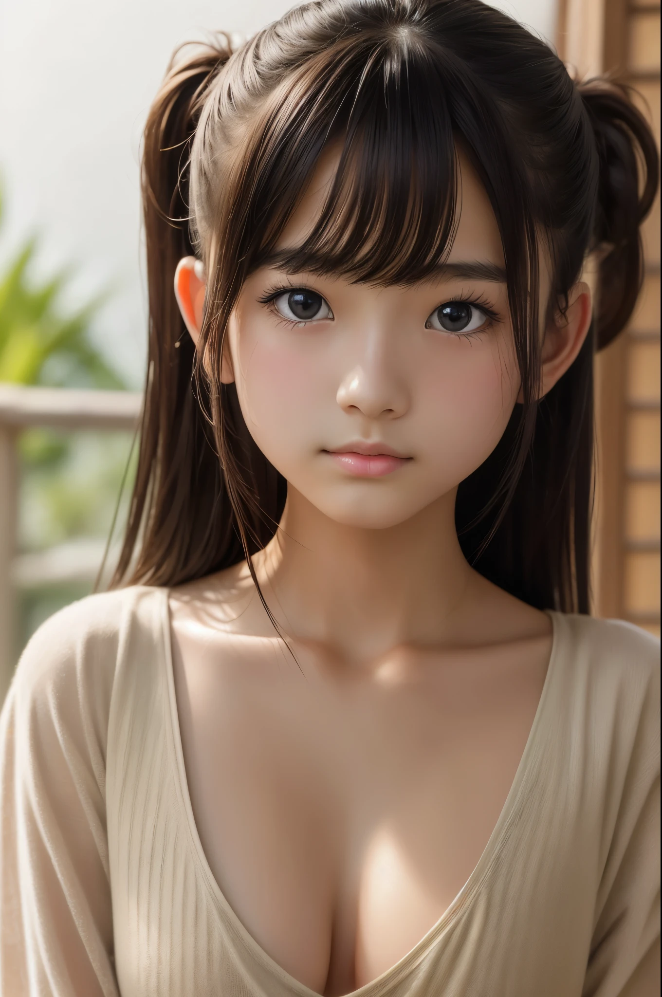 bun hair, Ultra High Resolution, (Realistic: 1.4), RAW Photo, Best Quality, (Photorealistic Stick), Focus, Soft Light, ((15 years old)), ((Japanese)), (( (young face))), (surface), (depth of field), masterpiece, (realistic), bangs, ((1 girl)), ((cleavage))
