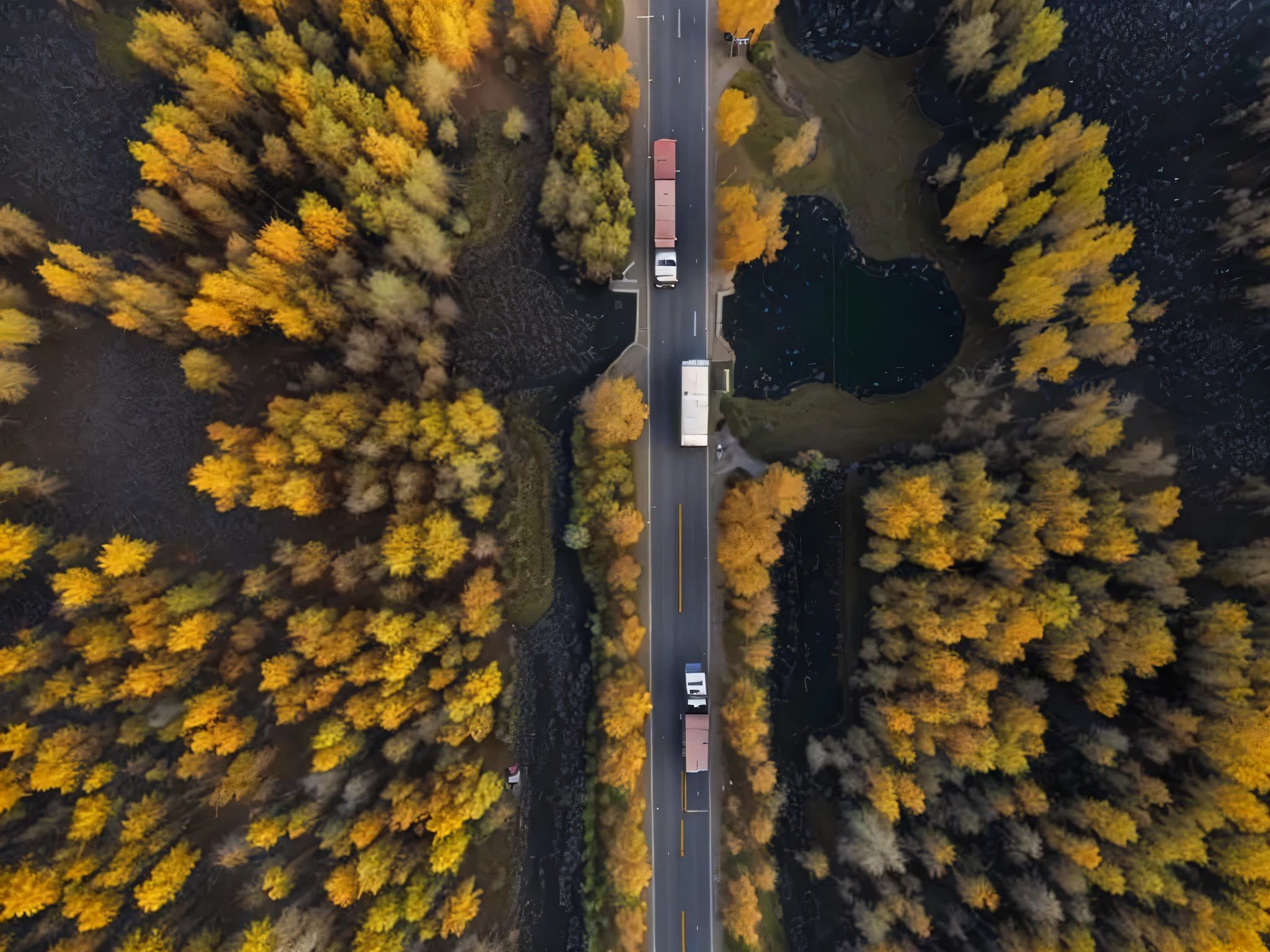 汽车穿过森林的道路的bird'eye view图, Perspective shot from the sky, drone photography, 从drone shot, photo taken from above, overhead photography, drone shot, top down photo, drone footage, photo taken from above, Shot from a distance of 50 feet, Wide-angle overhead shooting, photo above, bird'eye view,Poplars