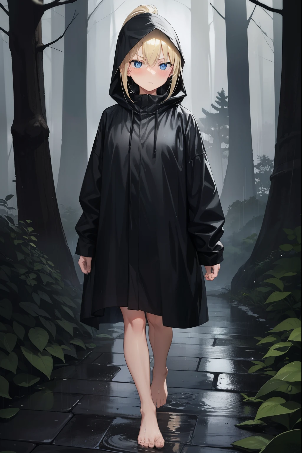 forest,night,rain,Wet soil,1 girl,blonde,ponytail,blue eyes,Wearing a black hood,long black raincoat,serious face,blush,dark face,rainに濡れている女の子,barefoot,walking,