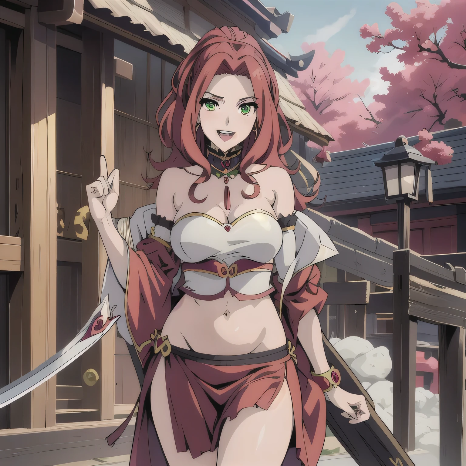 bitch medium breasts, red hair, beautiful face, green eyes, smile, (masterpiece:1.2), best quality, absurdres, highres, extremely detailed wallpaper, perfect lighting, masterpiece, best quality, highly detailed, a anime girls in kimono dress with a sword posing for a
picture, bare shoulder,open kimono, evil smile, open mouth, crop top , (nsfw) not safe for work, smile,
ecchi anime style, anime girls, ecchi style, ecchi, digital anime art!!, in anime style, official artwork, visual
novel cg, beautiful anime girl, anime style 4 k, kimono pencil skirt, exposed belly, exposed navel,
exposed midriff, exposed lower belly, outdoor, japanese architecture, temple