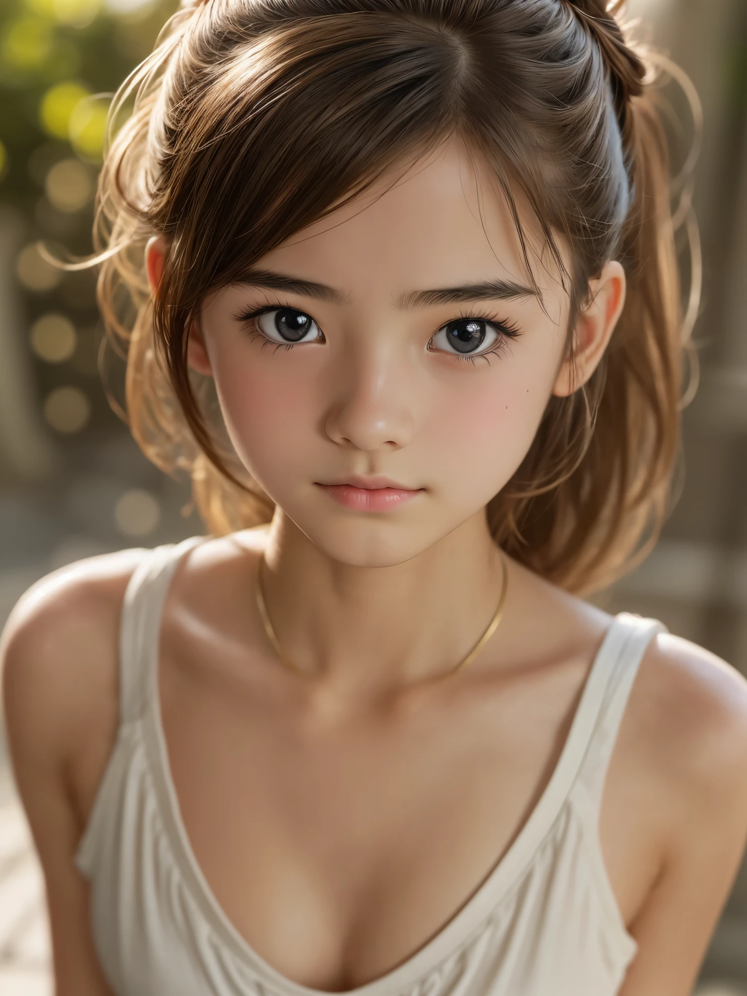 bun hair, Ultra High Resolution, (Realistic: 1.4), RAW Photo, Best Quality, (Photorealistic Stick), Focus, Soft Light, ((15 years old)), ((Japanese)), (( (young face))), (surface), (depth of field), masterpiece, (realistic), bangs, ((1 girl)), ((cleavage))
