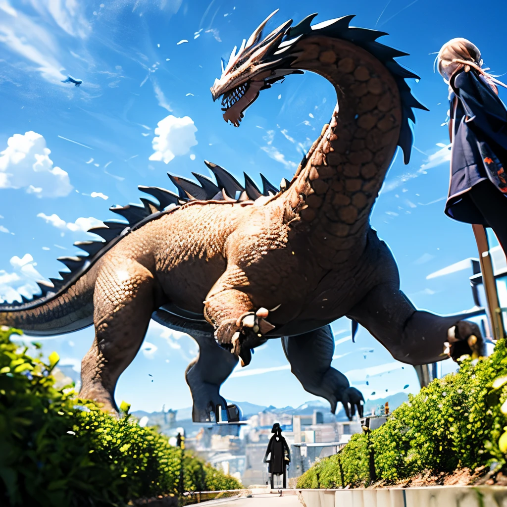 A dragon and a girl take on a giant enemy！、fly in the sky、