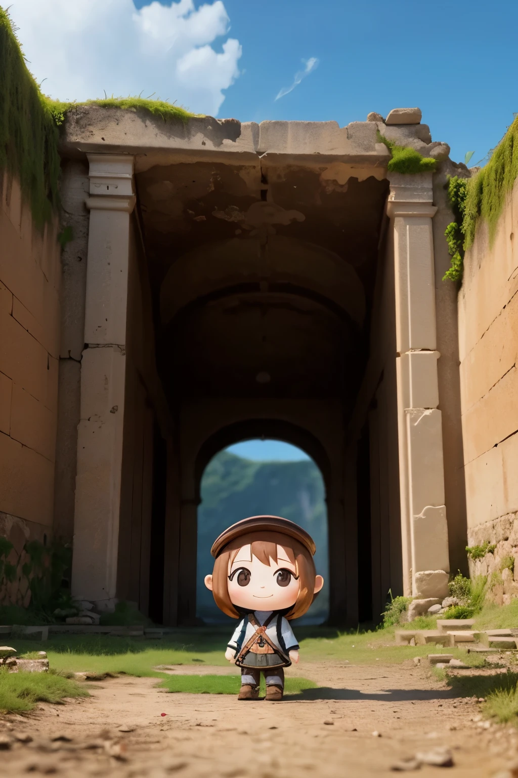 Photoreal、Chibi girl taking a commemorative photo at an ancient ruin in South America、smile