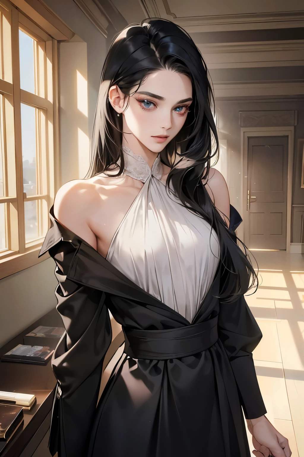 (table top, digital art, digital illustration, 4k, 8K, Super detailed, beautiful images, clear image, realistic, Raw photo, perfect face, perfect lines, perfect eyes, soft lighting) 1 female, (long black hair,straight hair,bullish look,beautiful woman,Beautiful dress、solid makeup,23 year old female,small breasts:1.3),secretary, Two handsome men in suits, (human,man wearing a suit,muscular,solid shoulder width,adult male,boyish hairstyle,british gentleman&#39;s style,A man in his 30s with a cool expression,28 year old man with a bright smile:1.2),couple、coupleキス、romance porn、見つめ合うcouple、Department Pa Underground、Cosmetics department、cosmetics、color palette