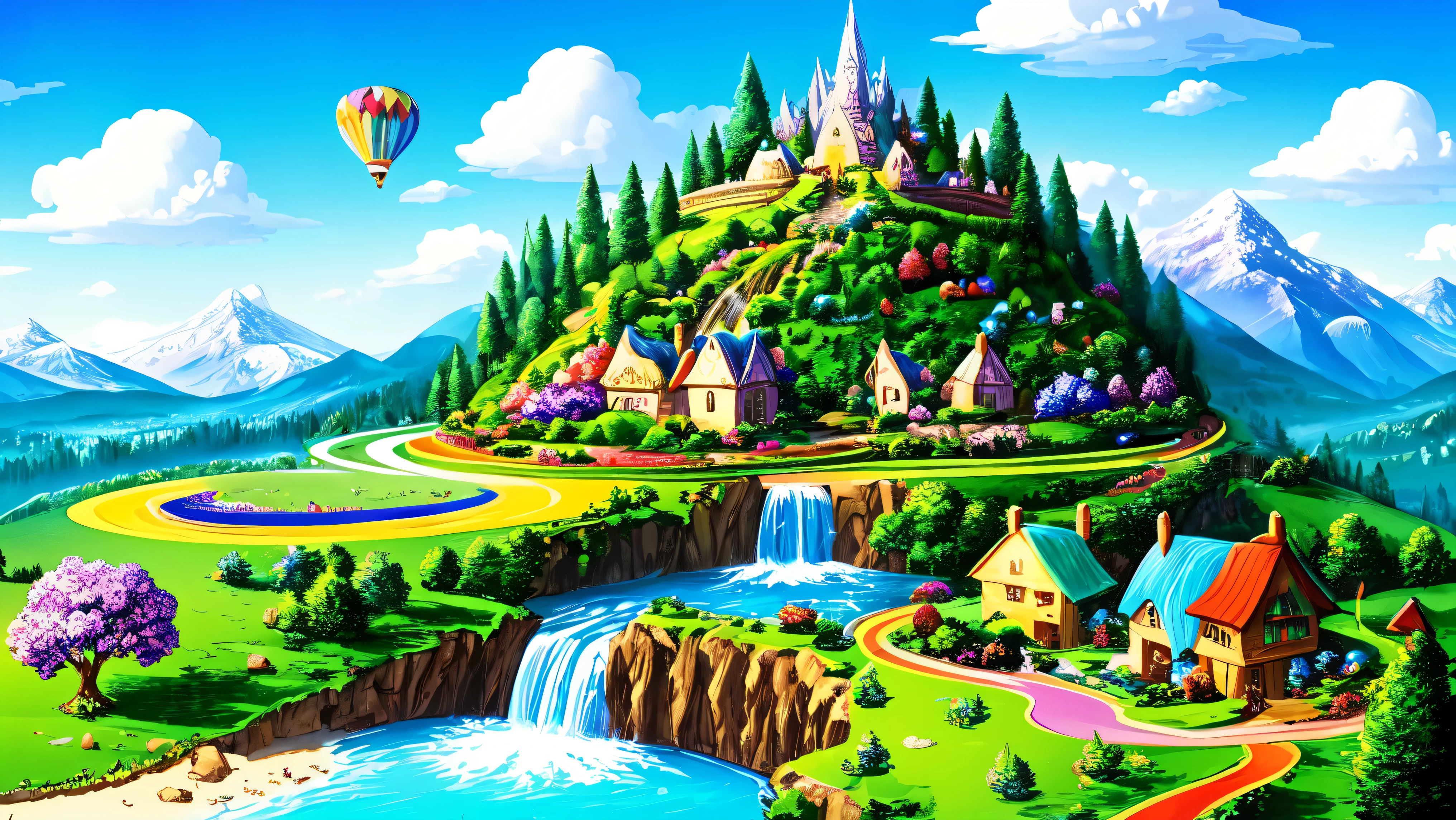 bright, ((cartoon style)), background of blue sky with curly fairytale clouds, rainbow is just around the corner, in the middle there is only the sky with clouds, mountains on the left, Snowy mountains in the distance, fairy-tale houses on the edges, rainbow on the right, several beautiful fairy-shaped balloons, colorful, beautiful fairy waterfall, fairy trees on the sides , with fabulous hollows, fairy fruits, Flowers, vines on trees, fantasy art, masterpiece, detailed, 4K