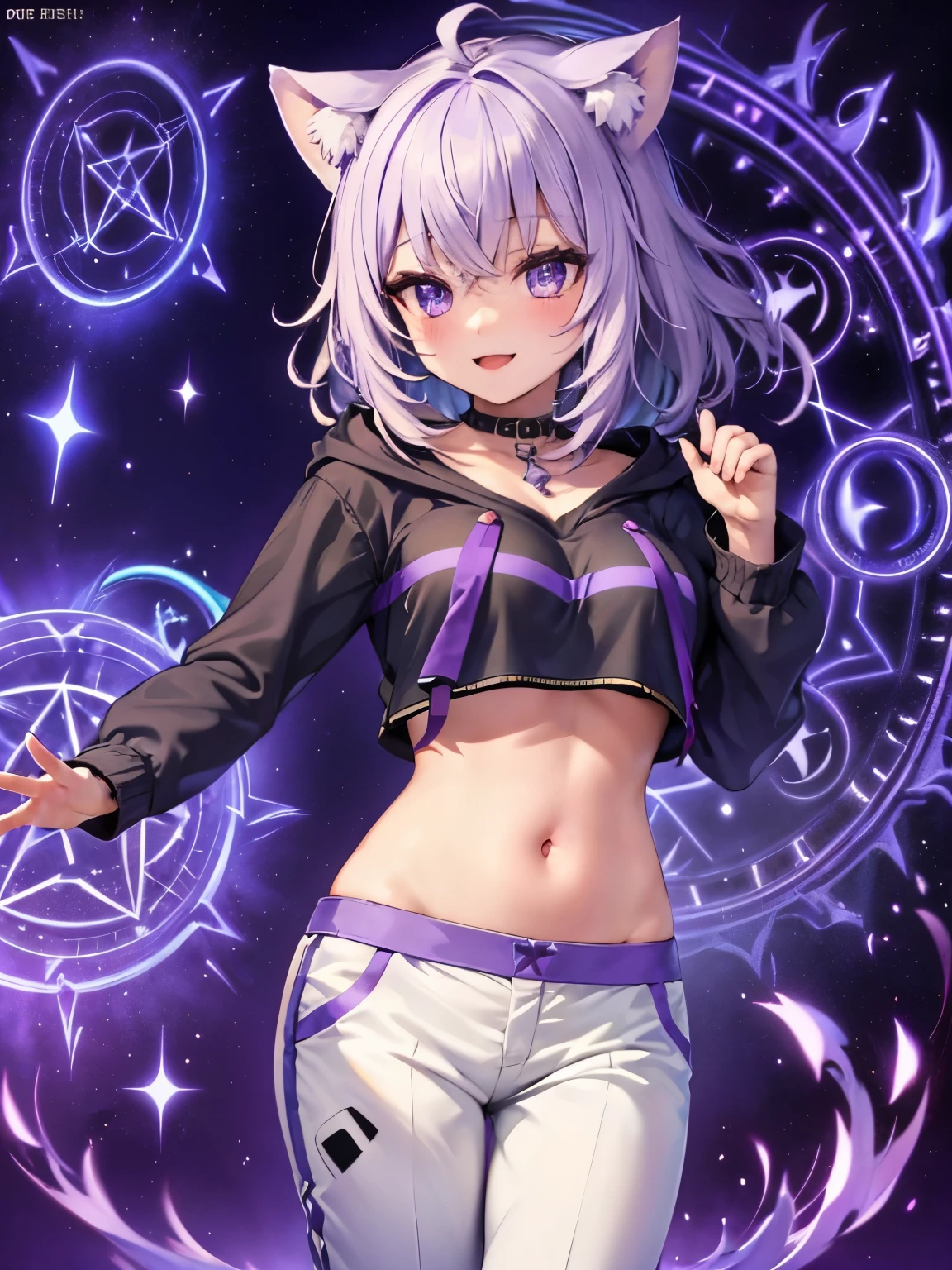 highest quality,wonderful,masterpiece,delicate,ultra high resolution,Super detailed,intricate details,beautiful,8K resolution,(Highly detailed CG Unity 8K wallpaper),sharp focus、anime、fiction、one woman、vivid hair、Shaggy hair、messy hair、vivid skin、Glossy skin、、lolita、short、young、kawaii、beautiful eyes、smile、okayudefault, black hoodie, (onigiri print), [navel], white pants, cat tail, ahoge、Purple Magic Circle、Sparkling、star、Purple magic circle in the background、raise both hands