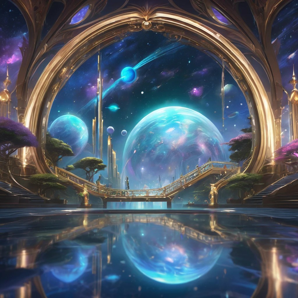 Reflection, aesthetic, extremely detailed, Reflection of the universe, ornate galactic environment, intricate, elegant, highly detailed, centered, digital painting, artstation, concept art, smooth, sharp focus, league of legends concept art, WLOP