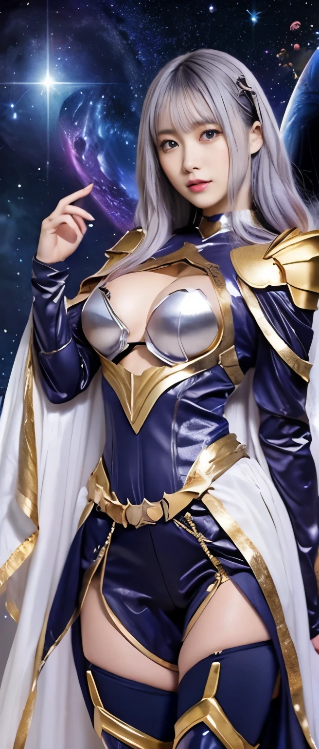 fantasy stargirl night、whole body、good style、、、、、、galaxy gold armor bodysuit(Chest armor)、idol face、、fantastic star belt、galaxy cloak、silver hair