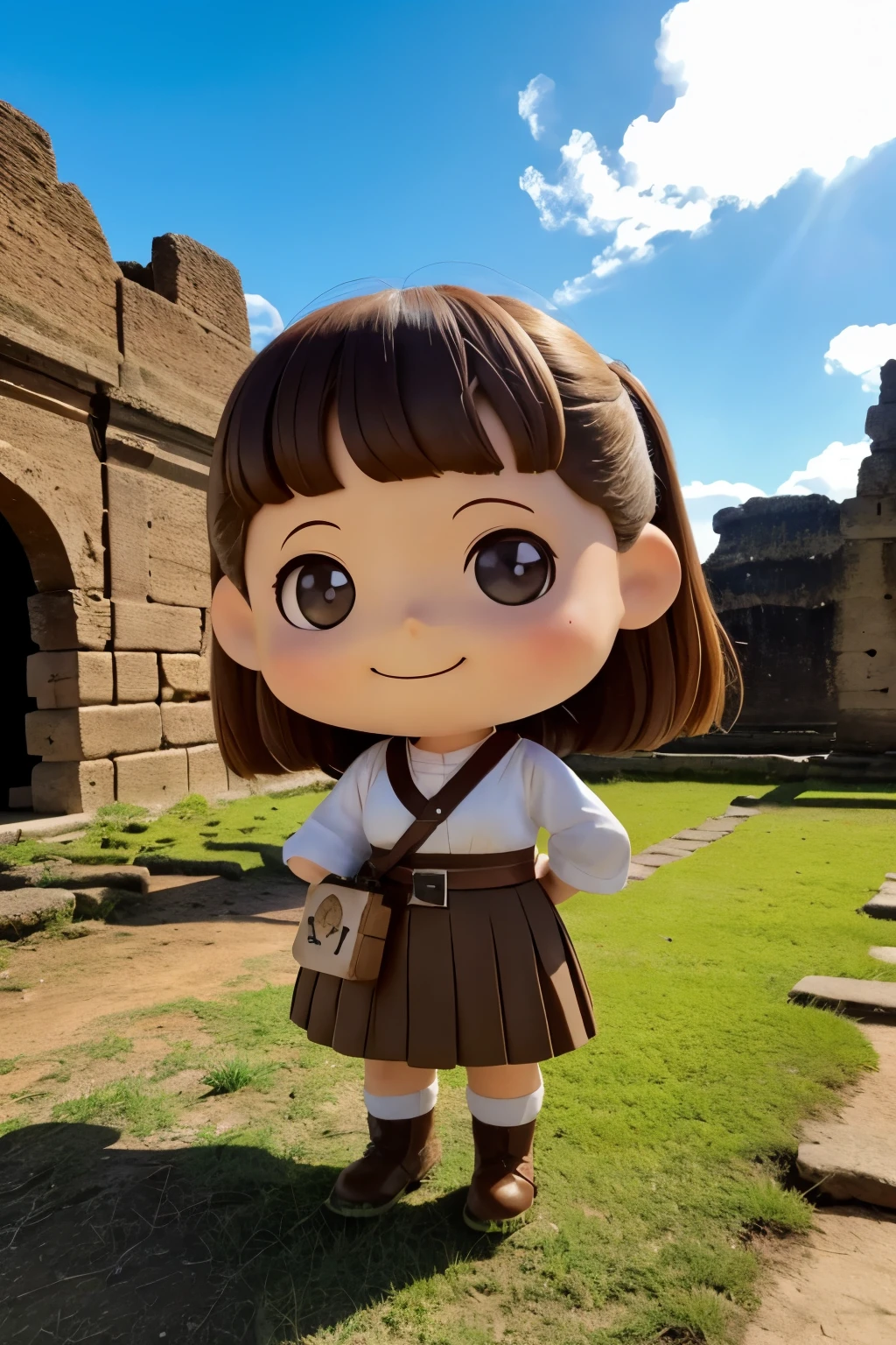 Photoreal、Chibi girl taking a commemorative photo at an ancient ruin in South America、smile