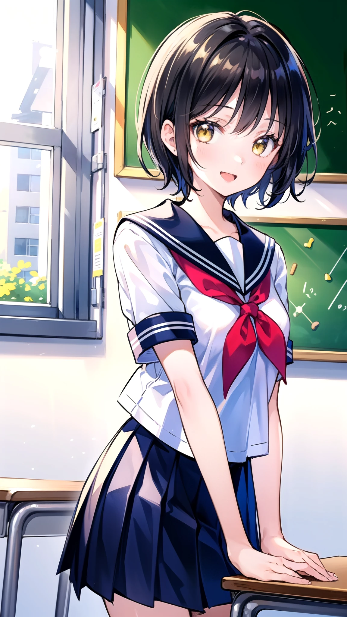 (masterpiece), (highest quality), (Super detailed), (beautiful illustrations), (pretty girl), (Better fingers:1.2), 1 girl, black hair, short hair, yellow eyes, dark blue, Detailed sailor suit, red ribbon, short sleeve, pleated skirt,  ,smile, Thinly opened mouth, Close-up, proximity, school classroom, 