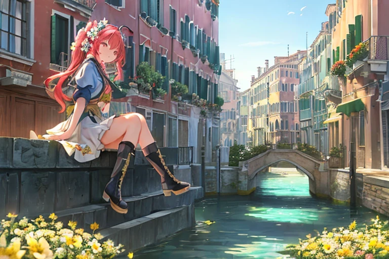 (Masterpiece, top quality, super detail:1.2),
Beautiful landscape, like Venice, Italy,
facing at viewer, 
hair blowing in wind, 
A beautiful girl with twin-tail hair wearing boots is sitting,
(Flower Effects: 1.4),