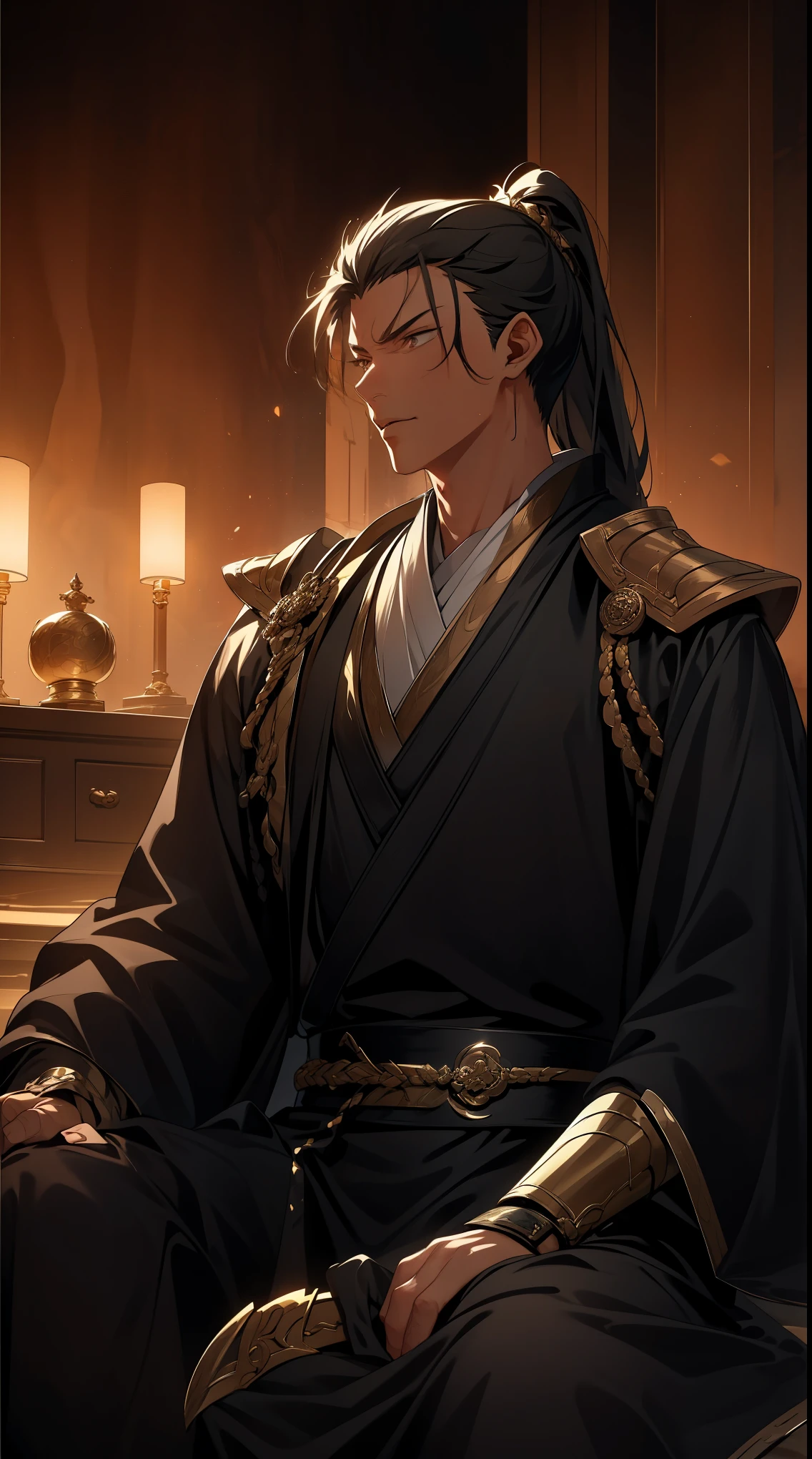 two-dimensional,anime style,one person(male warrior),Correct proportions,facial details,swordsman,High ponytail hairstyle,neck details,There is an Adam'apple,black and gold robe,joke,black and gold robe,clothing details,transfer,long sleeve,Game quality,fencing,Ray tracing,Ray tracing,Delicate glow,CG rendering,Hair details,long black and blonde hair,Black-gold eyes,Handsome,Handsome,(feeling of youth),Costumes are complicated,perfect composition,refine,high quality,More details,complex background,a sense of atmosphere,