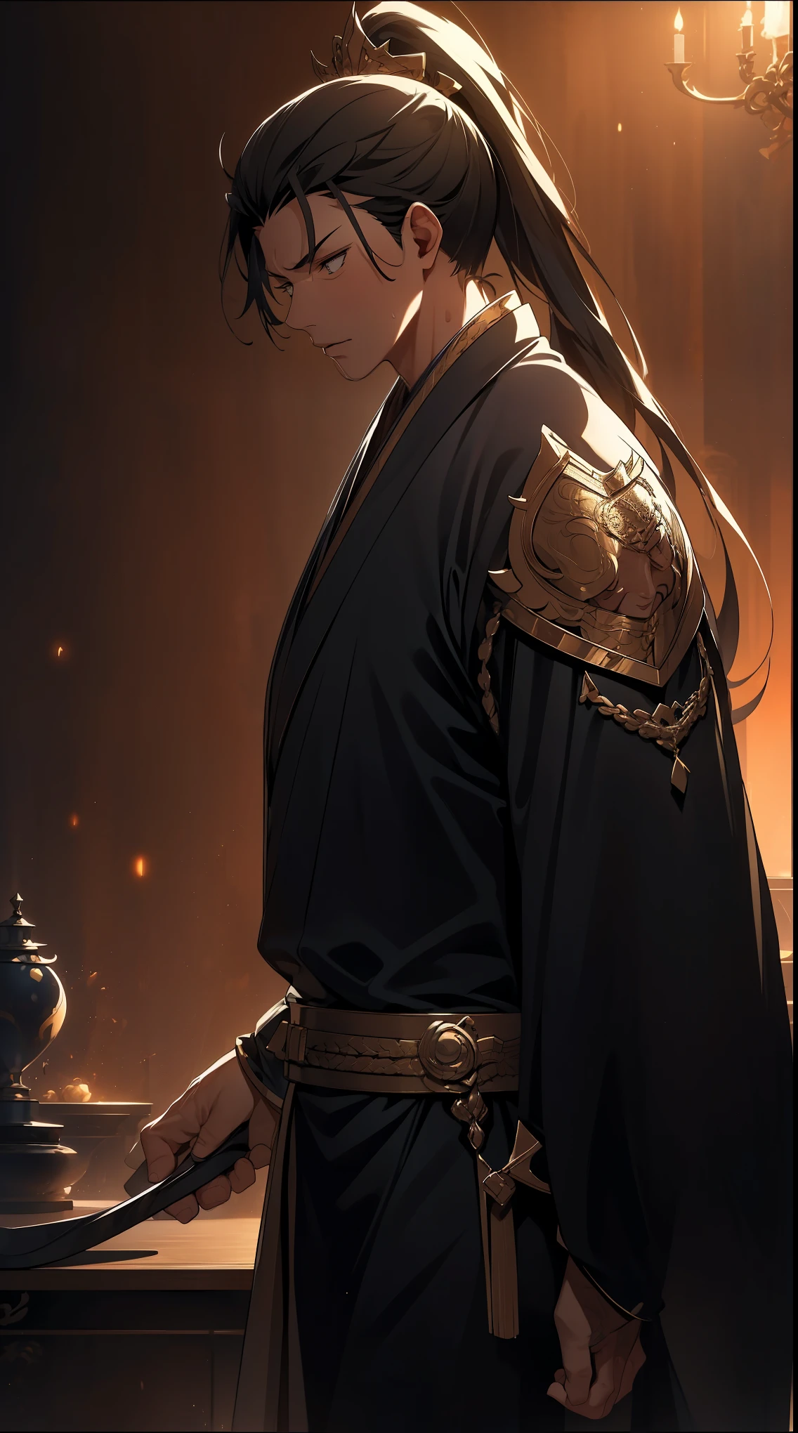 two-dimensional,anime style,one person(male warrior),Correct proportions,facial details,swordsman,High ponytail hairstyle,neck details,There is an Adam'apple,black and gold robe,joke,black and gold robe,clothing details,transfer,long sleeve,Game quality,fencing,Ray tracing,Ray tracing,Delicate glow,CG rendering,Hair details,long black and blonde hair,Black-gold eyes,Handsome,Handsome,(feeling of youth),Costumes are complicated,perfect composition,refine,high quality,More details,complex background,a sense of atmosphere,