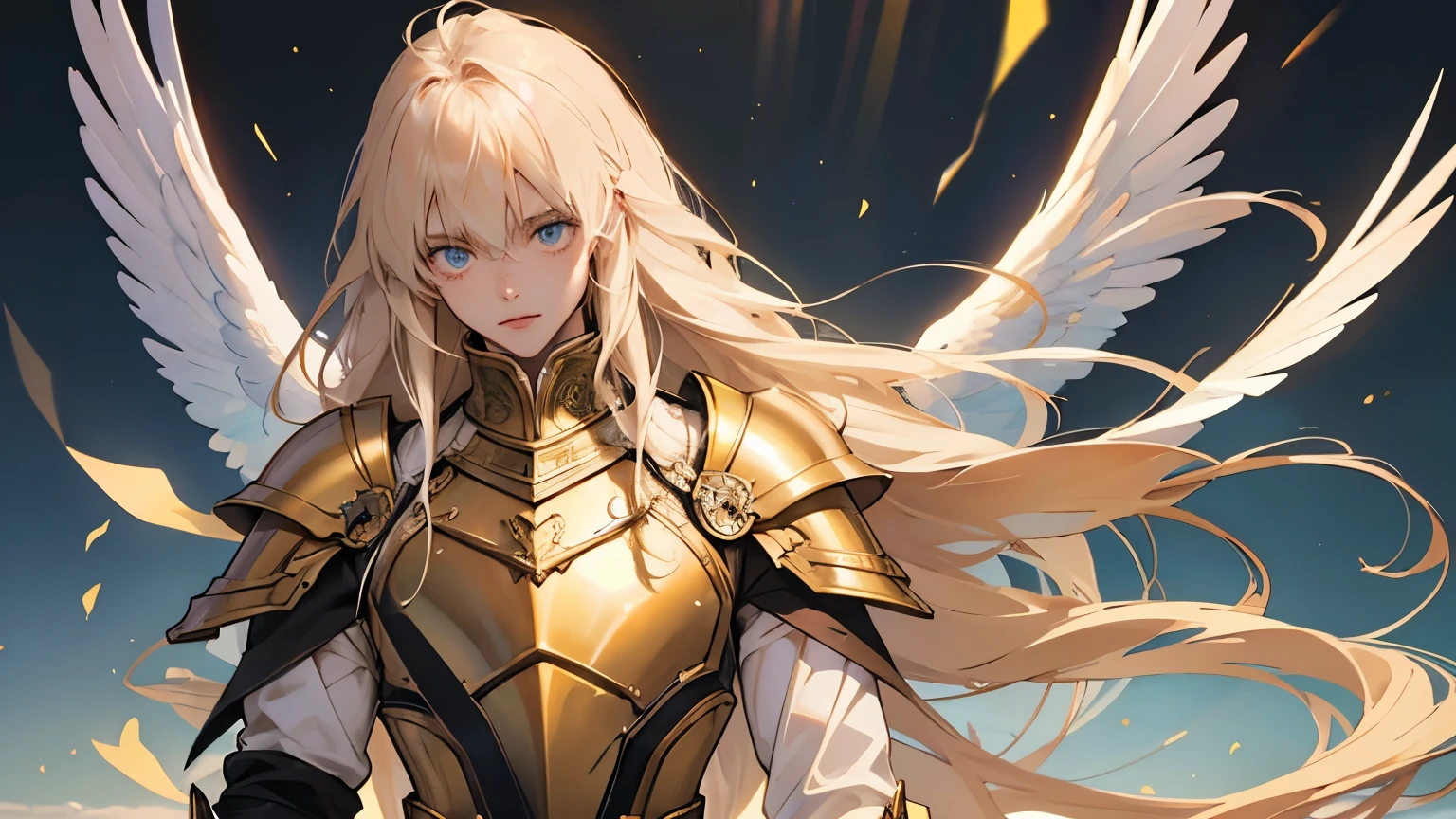 highest quality、male、golden long hair、Toplesuscular、Angel、大きなAngelの羽が広がっている、Light、armor