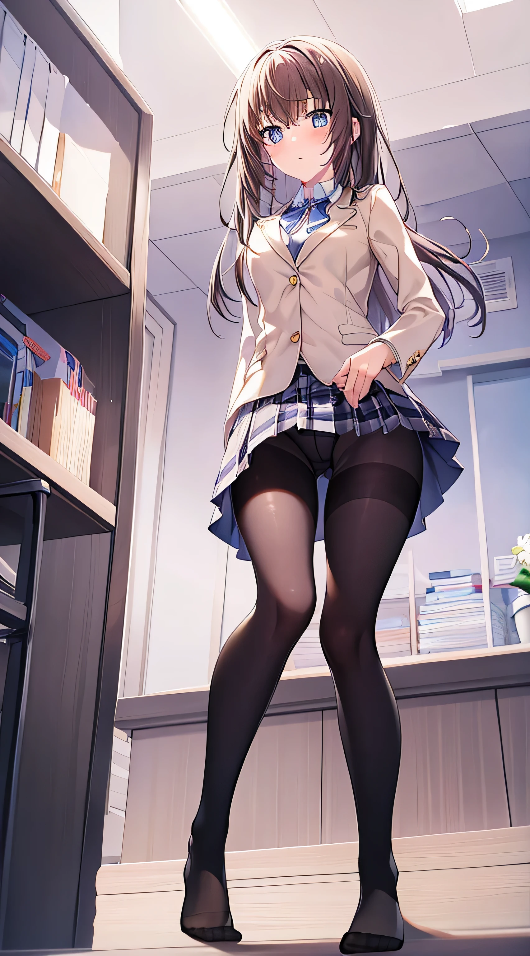 the best, masterpiece, HD, (whole body), frontal lobe, Symmetrical, mature high school girls, alone, (whole body from head to toe), small breasts, long hair, slightly messy hair, (black leggings), ( (black pantyhose), black pantyhose, composition Showing white panties, slender beautiful leg, a very pretty  girl (no shoes) leg), blush, shy big eyes, messy hair, looking at camera, Showing white panties, White ruffled underwear, high school uniform blazer, high school white shirt, blue ribbon high school, Premium short plaid navy blue pleated skirt