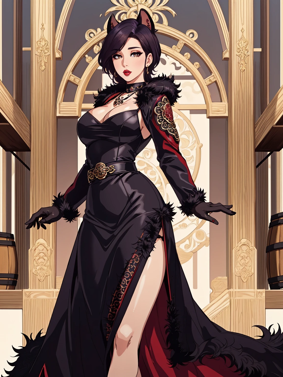 ((masterpiece, best quality), Minako, mature female , 1girl, milf, (blush:1.05), short hair, black hair, purple hair, lips, cleavage, perfect body, perfect eyes, eyeshadow, perfect face, (shy:1.1)), ((white dress, ornate long dress, dark red dress)), sexy red dress)), (((black fur coat:1.4), (ornate dress))), bracelet, winery,wine barrels backgroudn, standing on a barrel, sexy pose)), gloves, leather gloves, bracelets, amethyst necklace, hoop earrings))
