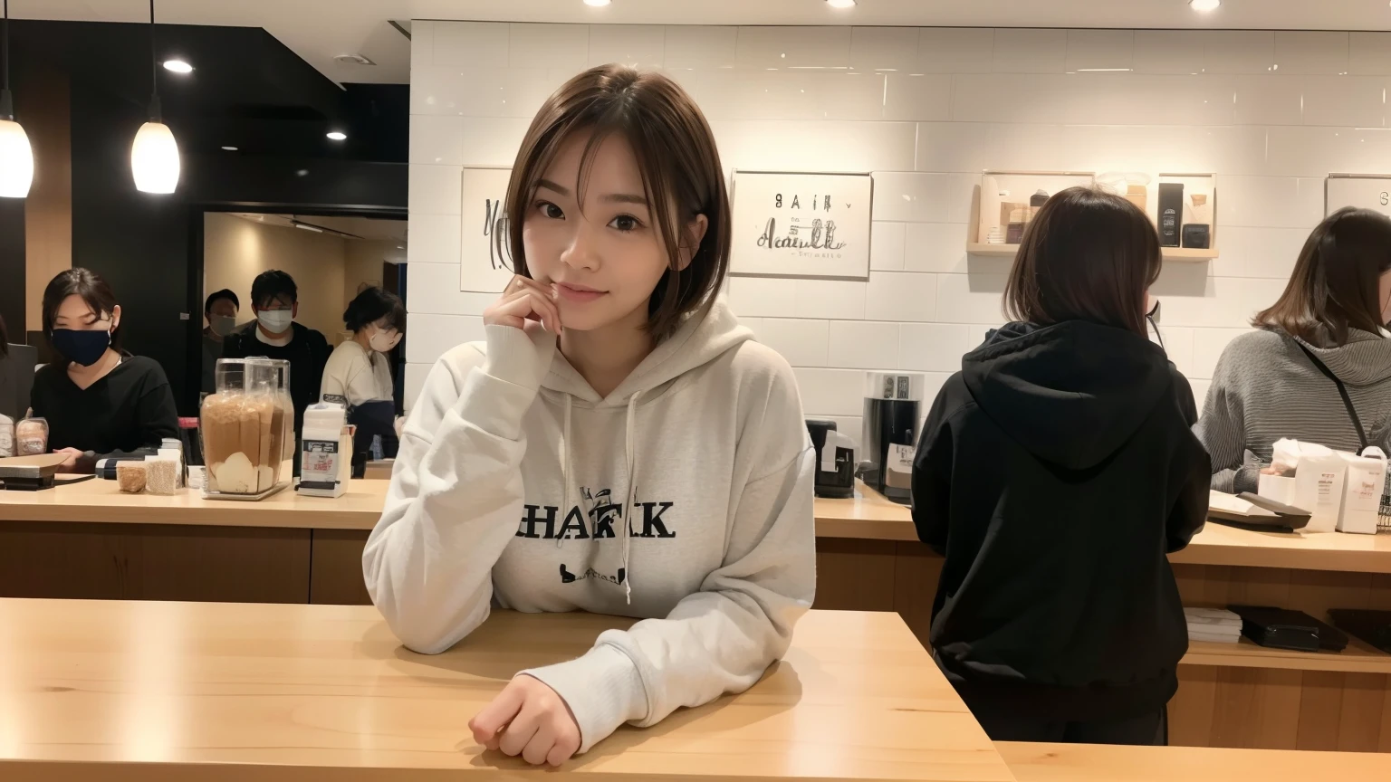 (8K, Raw photo, highest quality, masterpiece:1.2), (realistic, photo-realistic:1.4), (Highly detailed 8K wallpaper), perfect female body, famous japanese idol, 20 year old girl,  japanese model, medium short hair, messy hair, light brown hair, hoodie,Starbucks, I can see other customers enjoying themselves too..。At the back of the cafe、Staff are busy working at the counter。