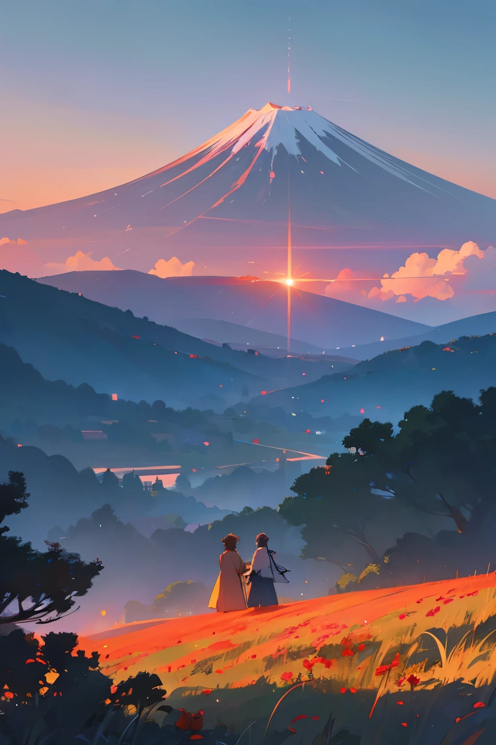 Create a captivating anime-style artwork portraying a boy and a girl standing on a picturesque landscape adorned with lush green grass and vibrant red roses, symbolizing the beauty of nature and the tender bond between them. In the distance, a majestic mountain resembling Mount Fuji emerges, partially veiled by bright white clouds, adding a touch of mystique and grandeur to the scene. The sky is awash with the soft, warm colors of sunrise, casting a serene and ethereal glow over the entire setting. Infuse the artwork with the enchanting and emotive style reminiscent of the acclaimed Japanese anime movie 'Your Name,' capturing its evocative storytelling and visual splendor.