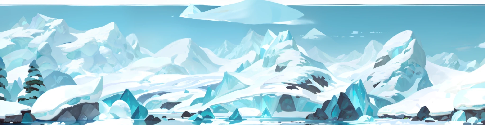 cartoon scene of a snowy mountain with a lake and a frozen forest, icey tundra background, icy mountains, ice mountains in the background, icy mountains in the background, pillars of ice background, ice mountains afar, theme :'icewind dale ', icy landscape, brittney lee, with a snowy mountain and ice, mountains made out of icebergs, snowy plains