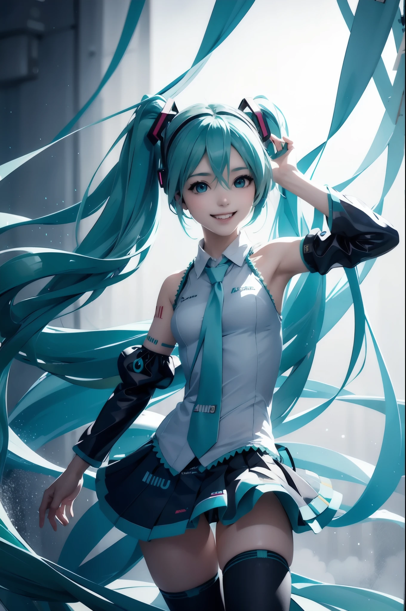 1 girl, smile, (Vocaloid), ((Hatsune Miku)), ((Blue blue-green hair)), (long hair), looking at the viewer, volume lighting, dynamic pose,Realistic