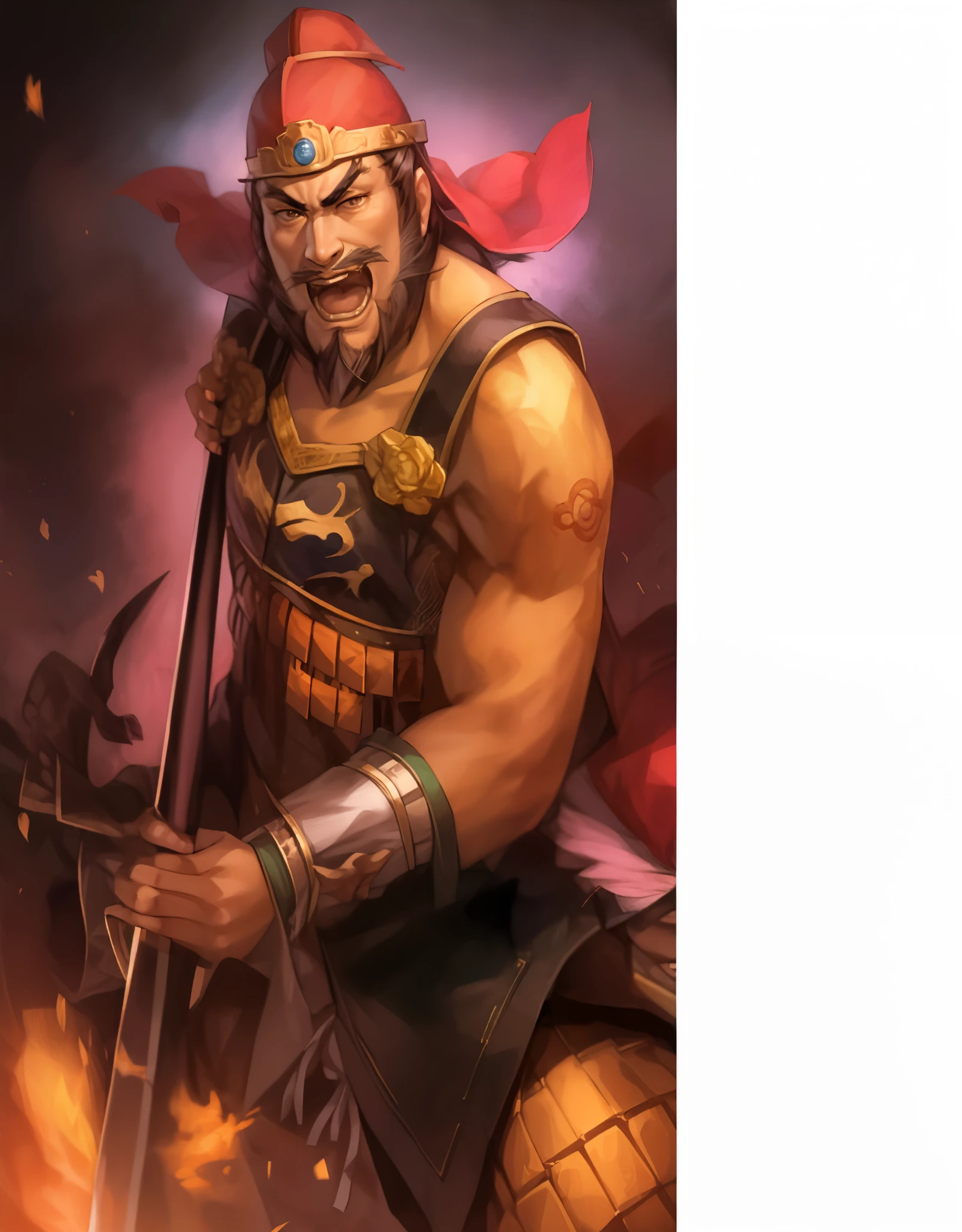 A painting of a man holding a sword and a red turban, bian lian, Guan yu, Inspired by Hu Zaobin, Inspired by Li Kan, hua cheng, Inspired by Wu Bin, author:Yang Borun, Angry muscular army general, Inspired by Huang Shen, feng shu, Chinese warrior, Inspired by Huang Ding, Inspired by Puhua