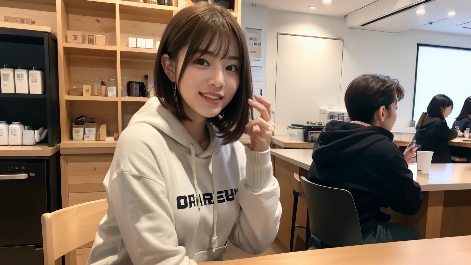 (8K, Raw photo, highest quality, masterpiece:1.2), (realistic, photo-realistic:1.4), (Highly detailed 8K wallpaper), perfect female body, famous japanese idol, 20 year old girl, boyish Japanese model, medium short hair, messy hair, light brown hair, hoodie,Starbucks, I can see other customers enjoying themselves too..。At the back of the cafe、Staff are busy working at the counter。