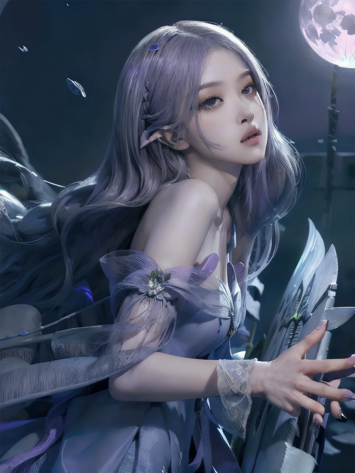 (((RAW photo , insanely detailed, highest quality, high resolution, solo,))) break、(contrast:1), full body、 Seen from directly above, lying in a field of flowers, back on the floor、Seductive pose、 break、 (((violet hair Beach waves hairstyle ))), (((cosmetics))),large , break、White effect, White wings:1.2 , White angel:1.2, ((night)) 、 break、Vampire Castle, detailed background,, moon、 break、Antonio Riva dress:1.1,dress made of slightly transparent fabric:1.3、(extremely intricate:1.2), high fantasy, beautiful face, pointy ears, break,background, monochrome, greyscale, barefoot, break、outdoor