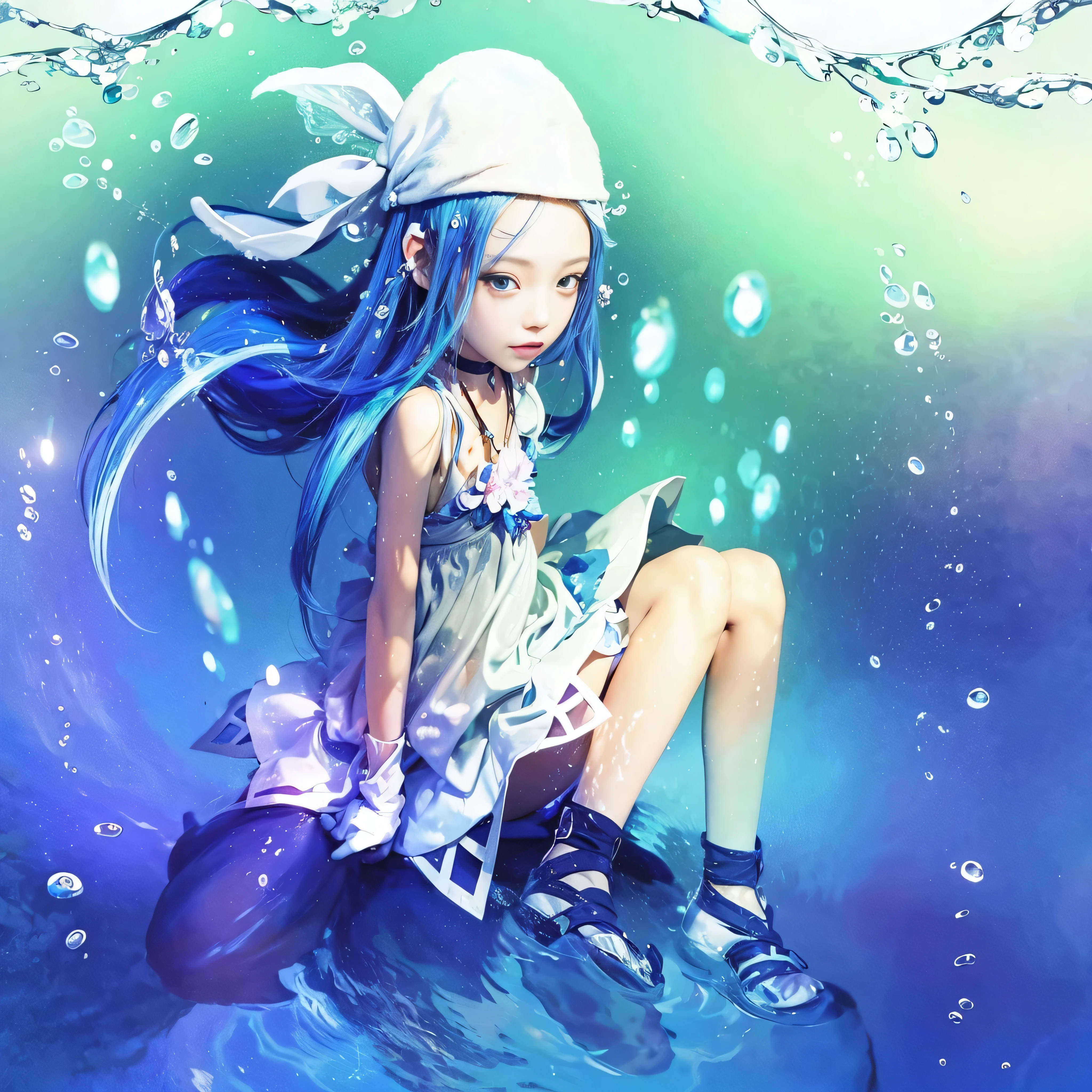 Anime girl with blue hair and a white hat sitting on a rock, wallpaper anime blue water, water element, 2D anime style, pixiv contest winner, anime art, 2D anime, jellyfish shrine maiden 8k, anime style」, water fairy, Advanced digital anime art』, pixiv Digital Art, anime styleのデジタルアート, from desire, anime wallpaper