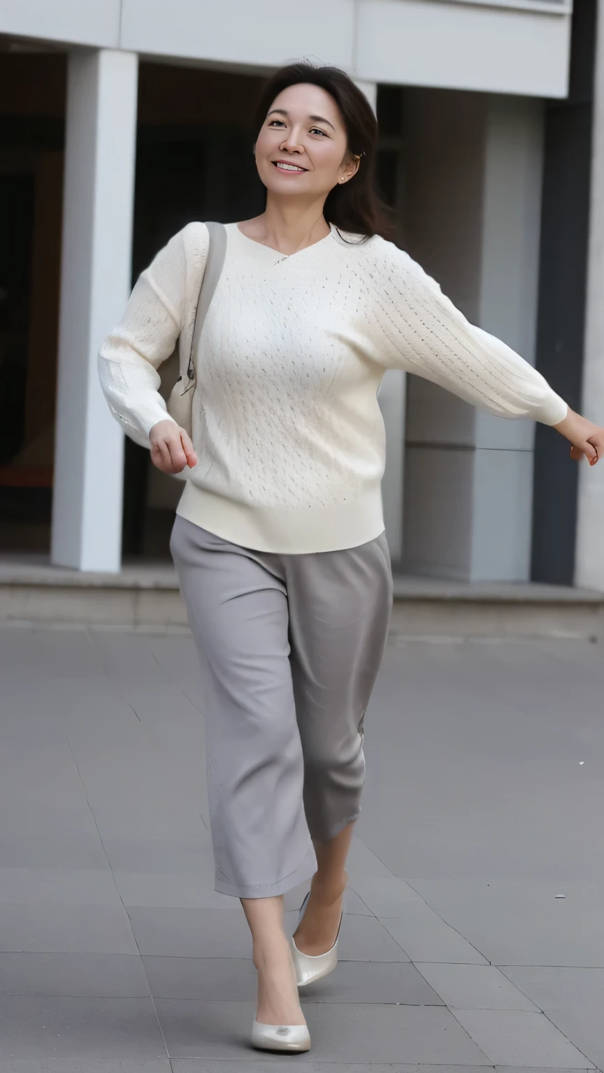 NSFW, ((highest quality)), ((8K)), ((masterpiece:1.3)), (perfect look), ((woman looking back)), sidewalk in office district, run through the crowd, one japanese woman, 47 years old, married woman, Wedding ring on the left ring finger, facial wrinkles:1.2, wrinkles around the eyes:0.8, tear bags around the eyes, double eyelid, light knit short sleeve sweater, Shoulder bag, Wide pants that are tight around the hips, long hair, (ウェーブしたlong hair), (hair waving in the wind), (running towards here), Raise one hand and wave, raise the corners of your mouth and smile, high heels, ((whole body)), Angle looking up at a woman from her feet:1.2,