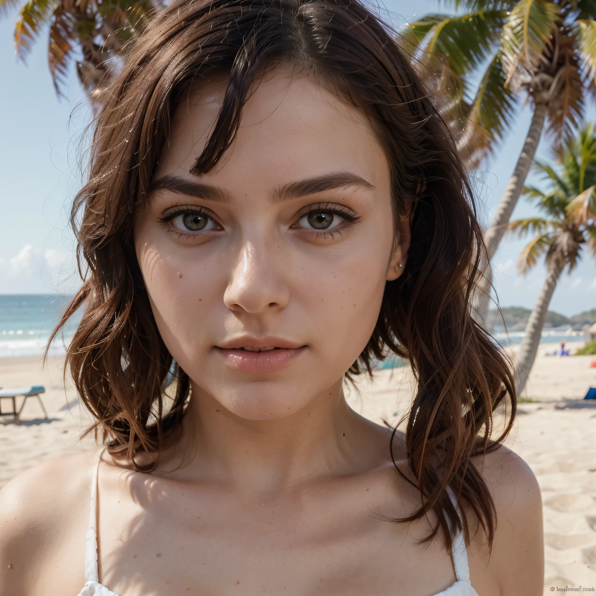 ((best quality)), ((masterpiece)), (detailed), perfect face, almond shape eyes, brown pupils, purple hair, full dress, beautiful dress, blonde face colour, highly detailed skin, beach, ship