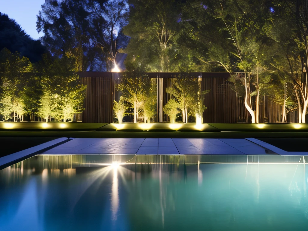 Beautiful scene of a serene night, no humans in sight. A towering tree with intricately textured bark stands proudly, its leaves a glow of bioluminescent green in the twilight. The tree's branches cast long, delicate shadows on the crystal-clear pool below, creating a stunning reflection of the star-speckled sky. The pool waters shimmer under the gentle illumination of a lamppost, casting an atmospheric, otherworldly ambiance. In the background, a modern, minimalist building with clean lines and large glass windows reflects the night sky and the tranquil scene. The pool ladder, with its simple and sleek design, blends seamlessly