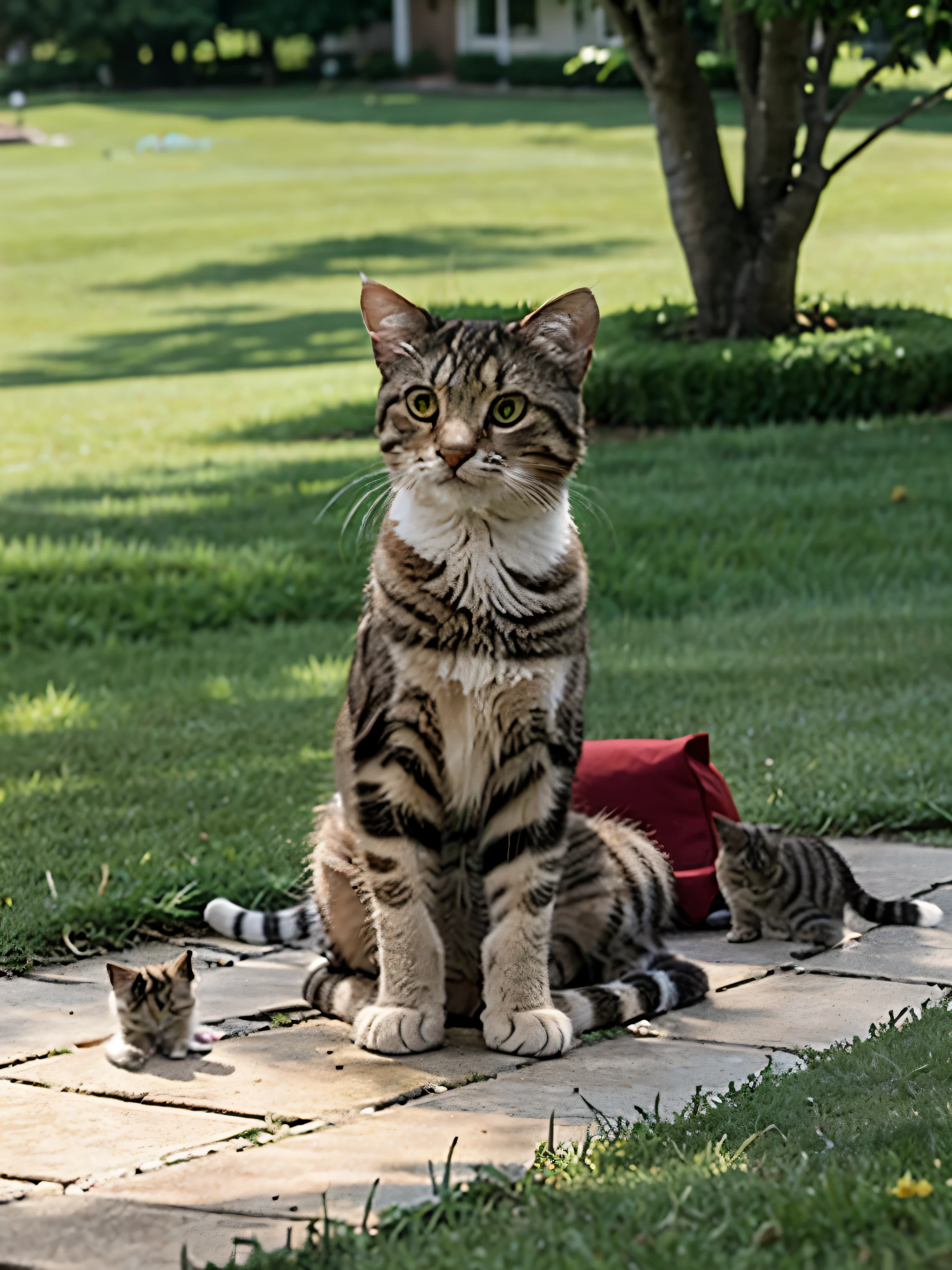 caring tabby cat with kittens on a green lawn