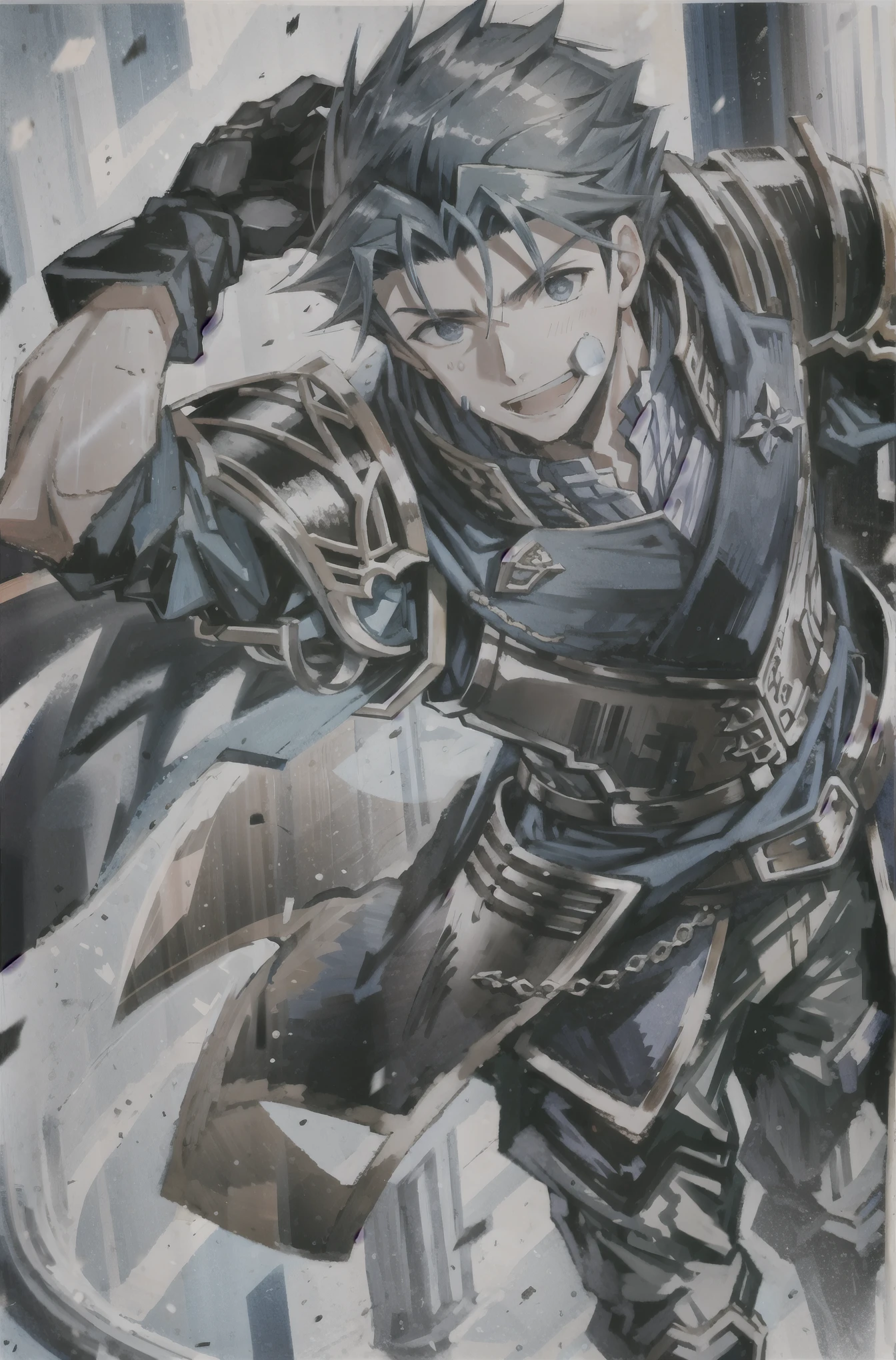 Hector Fay, soloist, looking at the audience, smiling, open mouth, sweat, get wet, wet, Slobber, Gloves, 1 boy, blue hair, male focus, tie, armor, from below,