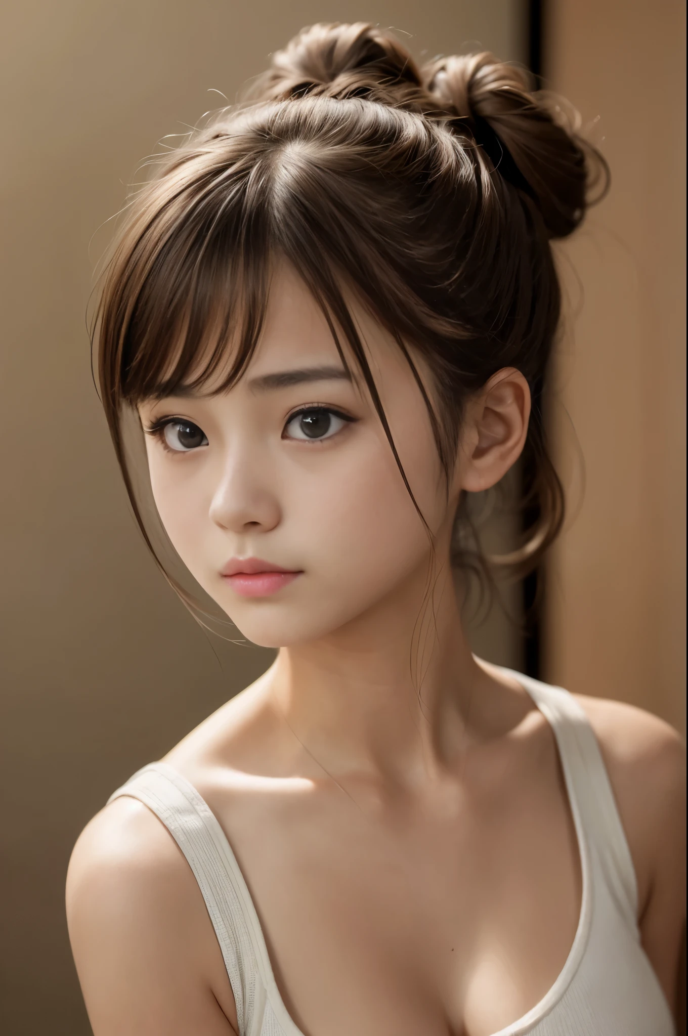 bun hair, Ultra High Resolution, (Realistic: 1.4), RAW Photo, Best Quality, (Photorealistic Stick), Focus, Soft Light, ((15 years old)), ((Japanese)), (( (young face))), (surface), (depth of field), masterpiece, (realistic), bangs, ((1 girl)), ((cleavage))
