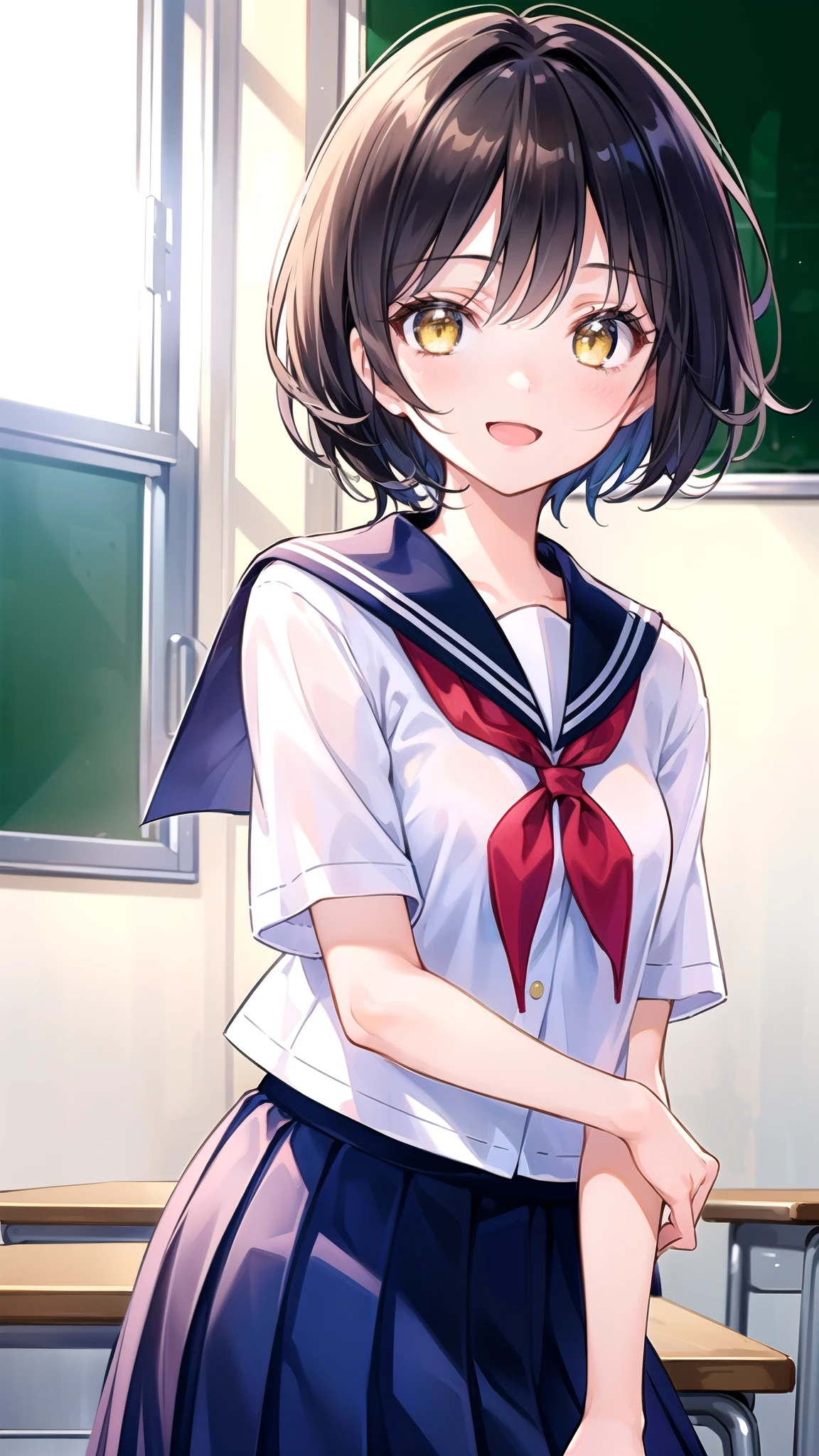 (masterpiece), (highest quality), (Super detailed), (beautiful illustrations), (pretty girl), (Better fingers), 1 girl, black hair, short hair, yellow eyes, dark blue, Detailed sailor suit, red ribbon, short sleeve, pleated skirt, 16 years old ,smile, Thinly opened mouth, Close-up, proximity, school classroom, From before, Upper body, 