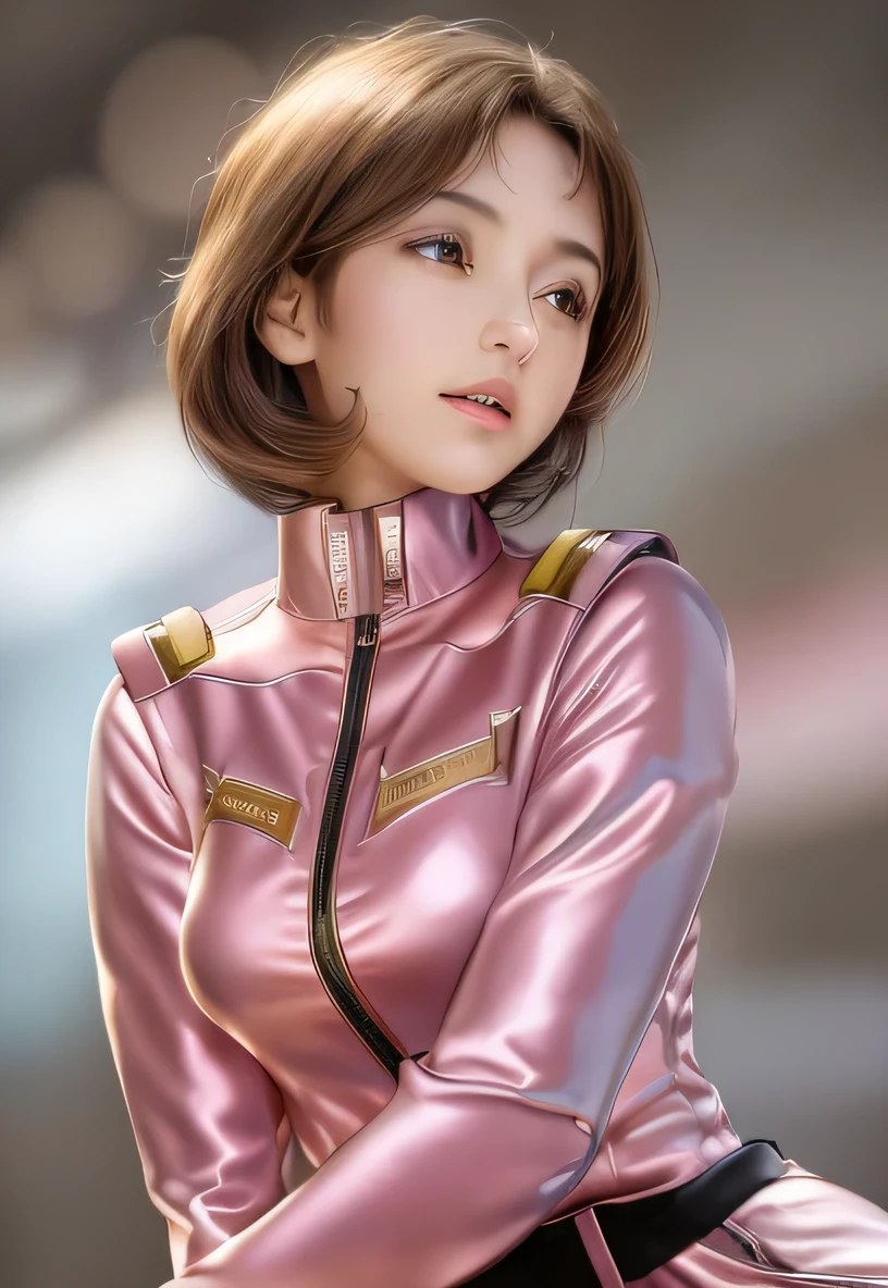 (High quality live action photos), (realization), masterpiece, shiny brown hair, short hair, delicate and beautiful eyes, bronze pink uniform jacket girl, space cadet girl, Glamour, bust sharp focus, No underwear, (full body portrait)