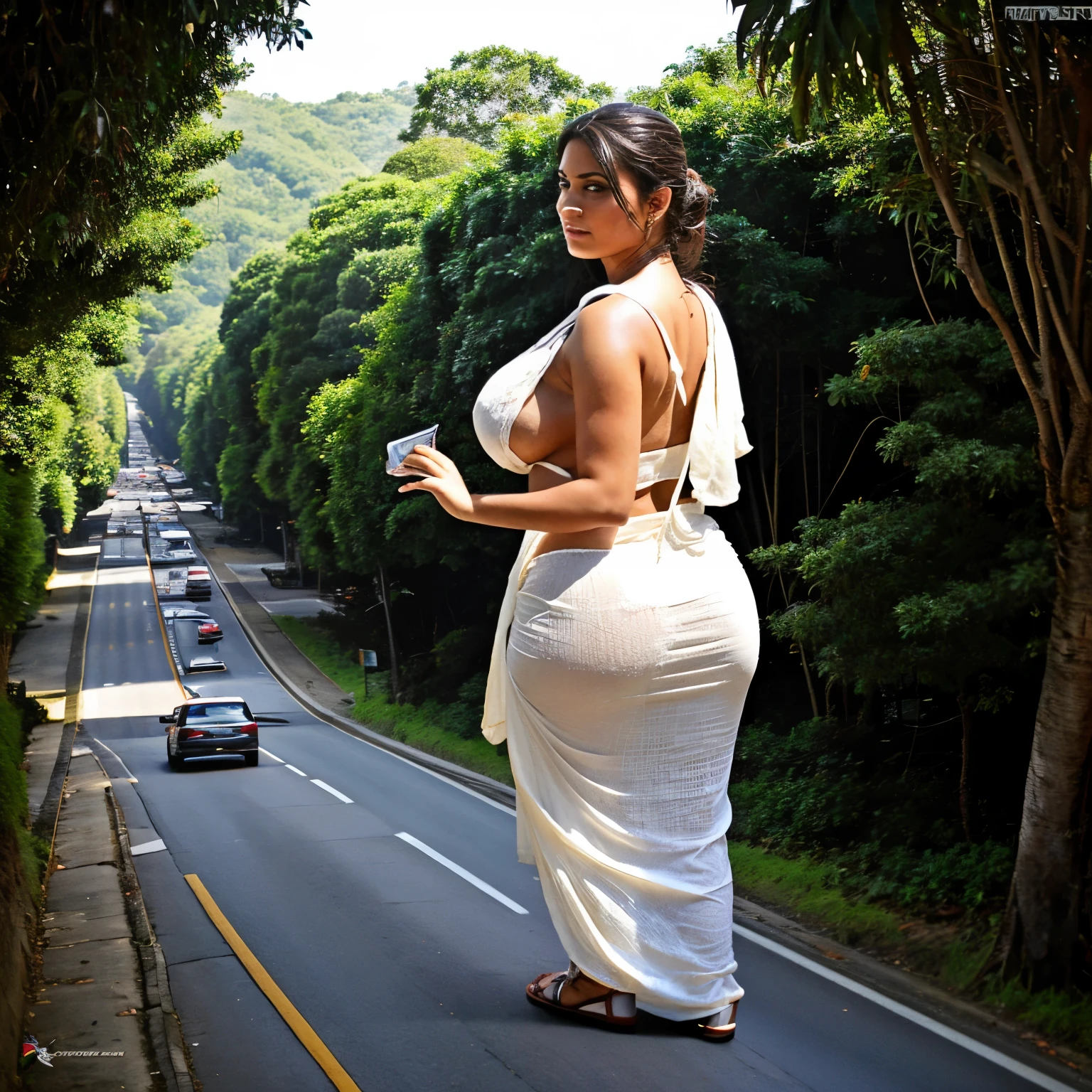 "Generate a side-view image from the passenger's perspective depicting a thick woman with huge breasts in a resplendent white saree confidently driving a car. Capture the scene on a village road within a jungle path, with her hands on the steering wheel and focused gaze ahead, blending the traditional elegance of her attire with the modern context of driving through a scenic rural setting."