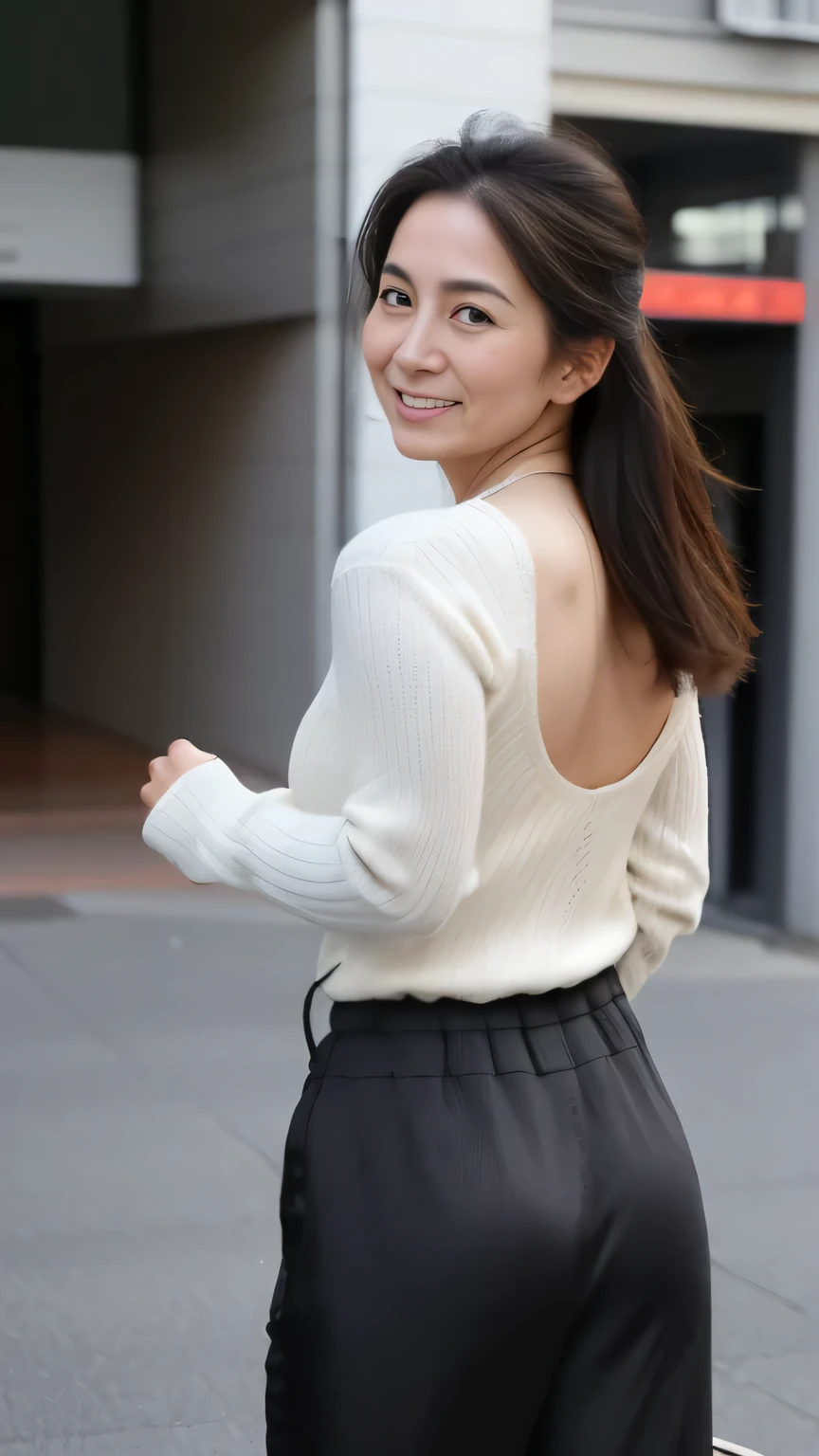 NSFW, ((highest quality)), ((8K)), ((masterpiece:1.3)), (perfect look), ((woman looking back)), sidewalk in office district, walk in the crowd, one japanese woman, 47 years old, married woman, Wedding ring on the left ring finger, facial wrinkles:1.2, wrinkles around the eyes:0.8, tear bags around the eyes, double eyelid, light knit short sleeve sweater, Shoulder bag, Wide pants that are tight around the waist, long hair, (ウェーブしたlong hair), (untied hair), Rear view:1.6), (Turn around with only your upper body), (look back strongly:1.6), (Due to centrifugal force, Spreading silky hair that reaches down to the waist.:1.2), Turn around and make eye contact, raise the corners of your mouth and smile, (Accentuated hip line:1.4), high heels, ((whole body)), Angle looking up at a woman diagonally from below:1.2,