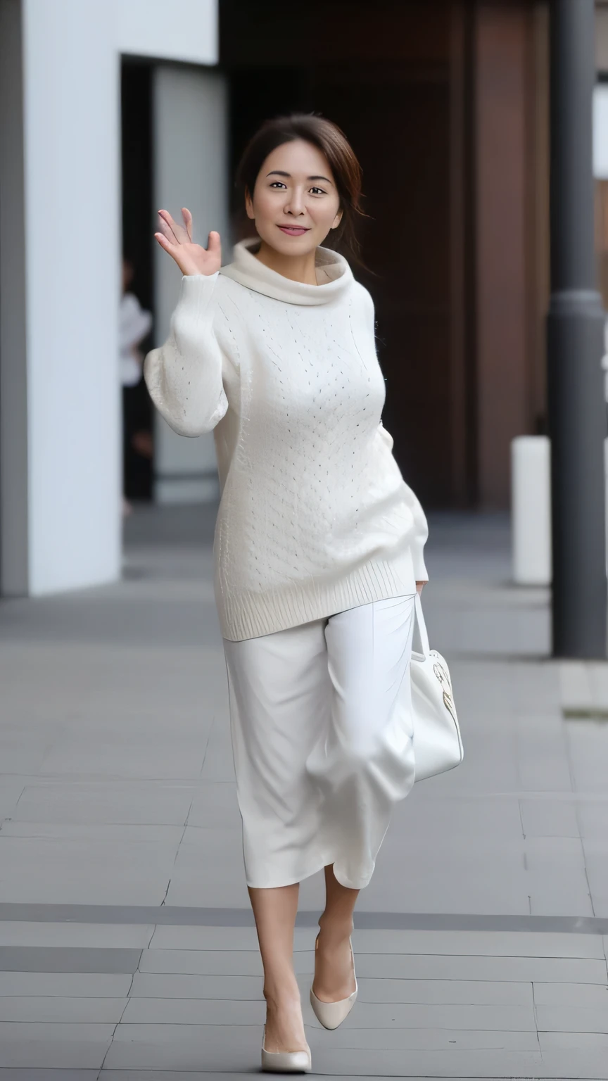 NSFW, ((highest quality)), ((8K)), ((masterpiece:1.3)), (perfect look), ((woman looking back)), sidewalk in office district, run through the crowd, one japanese woman, 47 years old, married woman, Wedding ring on the left ring finger, facial wrinkles:1.2, wrinkles around the eyes:0.8, tear bags around the eyes, double eyelid, light knit short sleeve sweater, Shoulder bag, Wide pants that are tight around the hips, long hair, (ウェーブしたlong hair), (hair waving in the wind), (running towards here), Raise one hand straight above your head and wave, The gaze is looking at us, raise the corners of your mouth and smile, high heels, ((whole body)), Angle looking up at a woman from her feet:1.2,