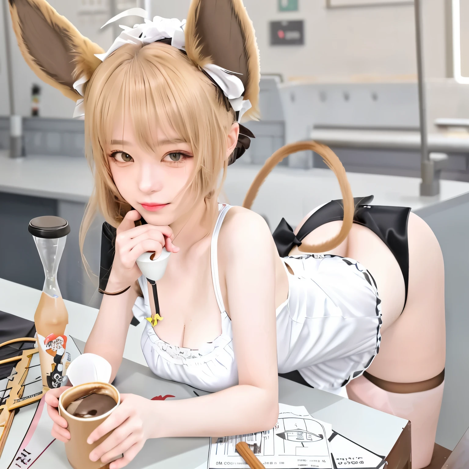 Beautiful girl with a coffee cup and a cat ears on her head, from girls frontline, at pixiv, (sfw) safe for work, top rated on pixiv, fine details. girls frontline, seductive girl, mysterious coffee shop girl, kawacy, girl drinks energy drink, , pixiv, catgirl, neferpitou