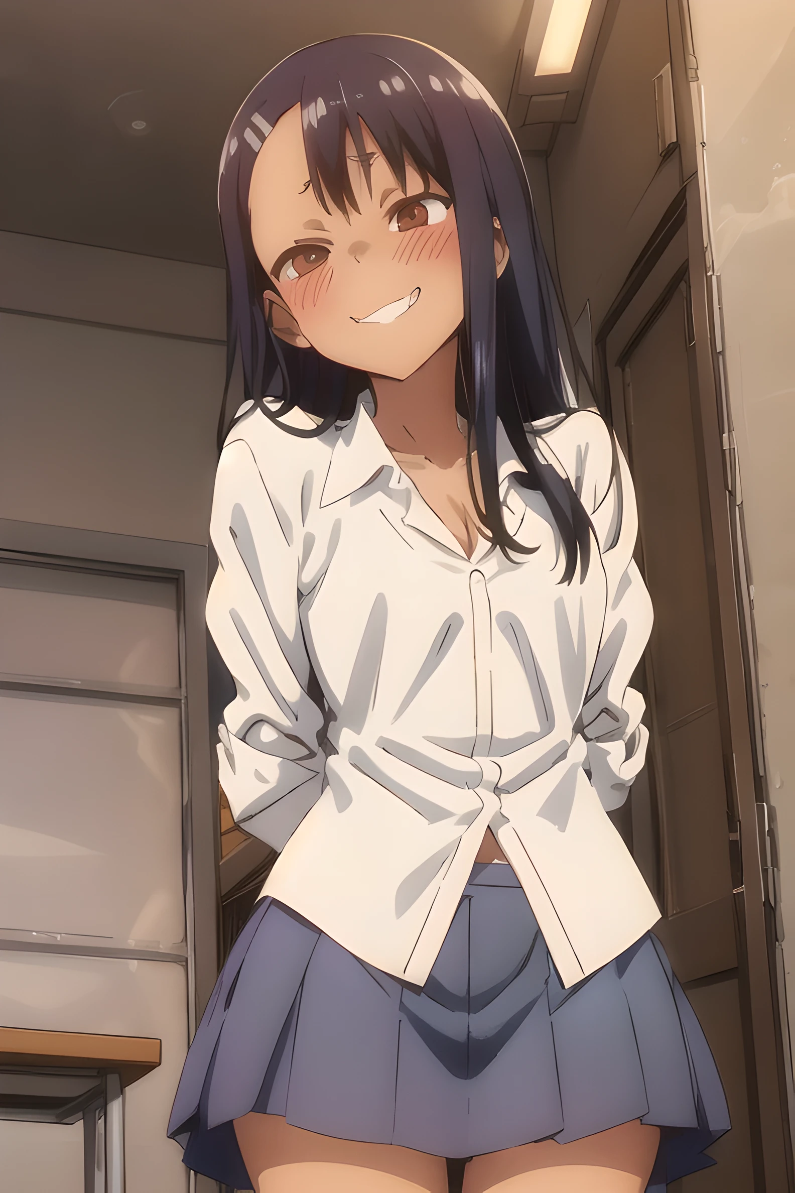 nagatoro hayase, blue skirt, cleavage, small breasts, (from below:1.2), bent over, grin, blush, best quality, masterpiece, perfect lighting, arms behind back,